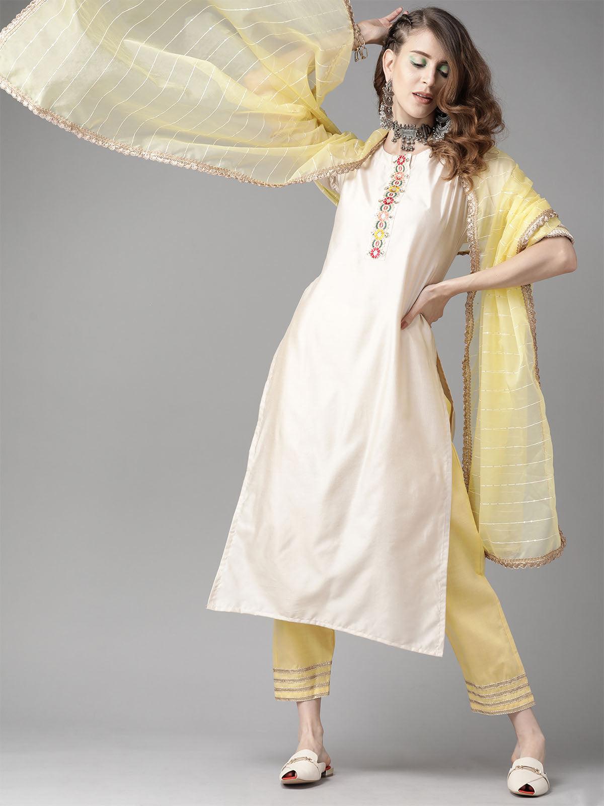 Women's Off White Embroidered Straight Kurta With Yellow Palazzo And Dupatta Set - Odette