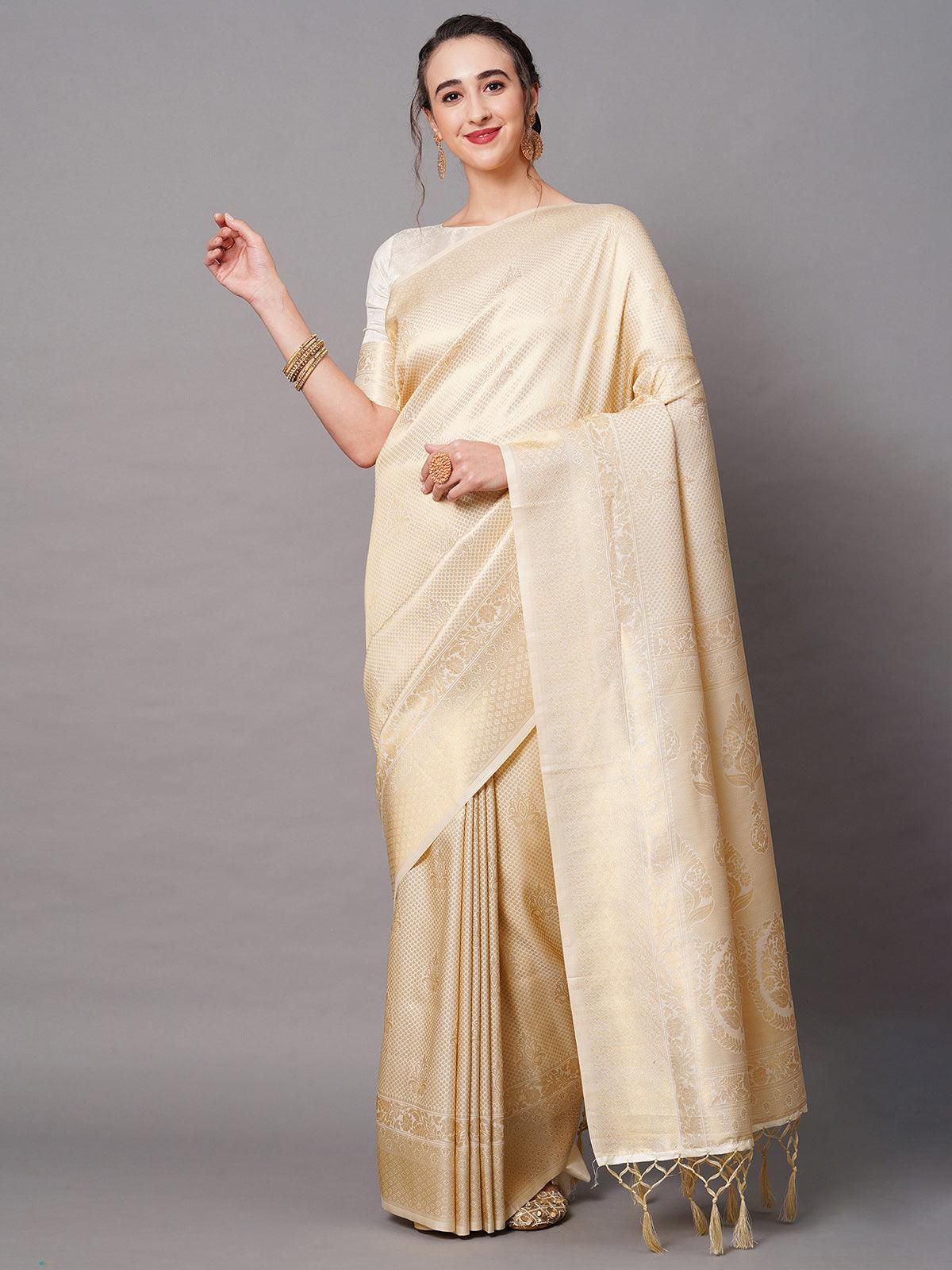 Women's Off White Festive Silk Blend Woven Design Saree With Unstitched Blouse - Odette