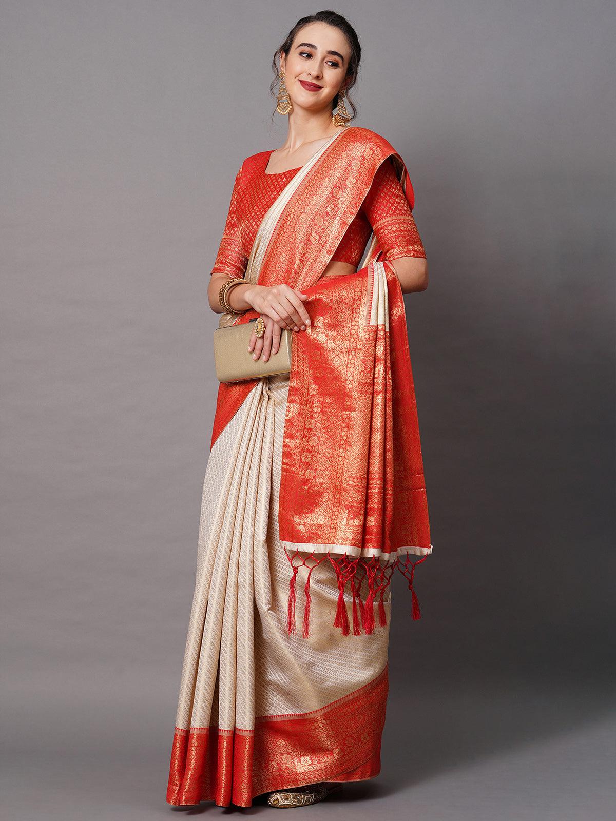 Women's Off White Festive Silk Blend Woven Design Saree With Unstitched Blouse - Odette