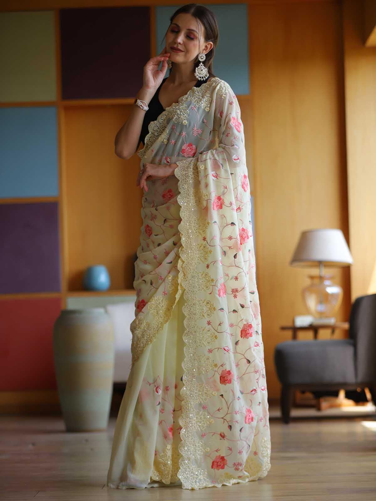 Women's Off White Georgette Embroidery Saree With Blouse - Odette