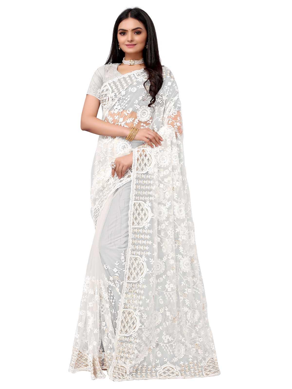 Women's Off White Net Embroidered Saree With Blouse - Odette
