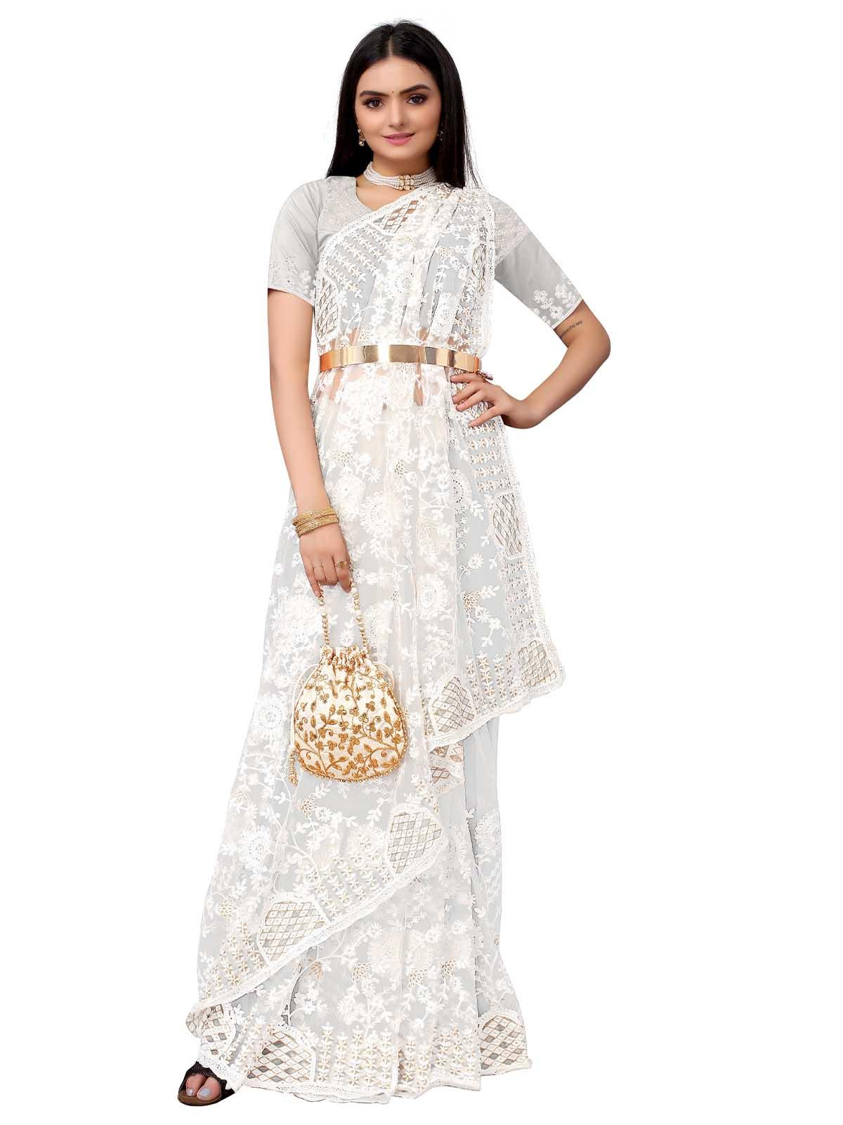 Women's Off White Net Embroidered Saree With Blouse - Odette