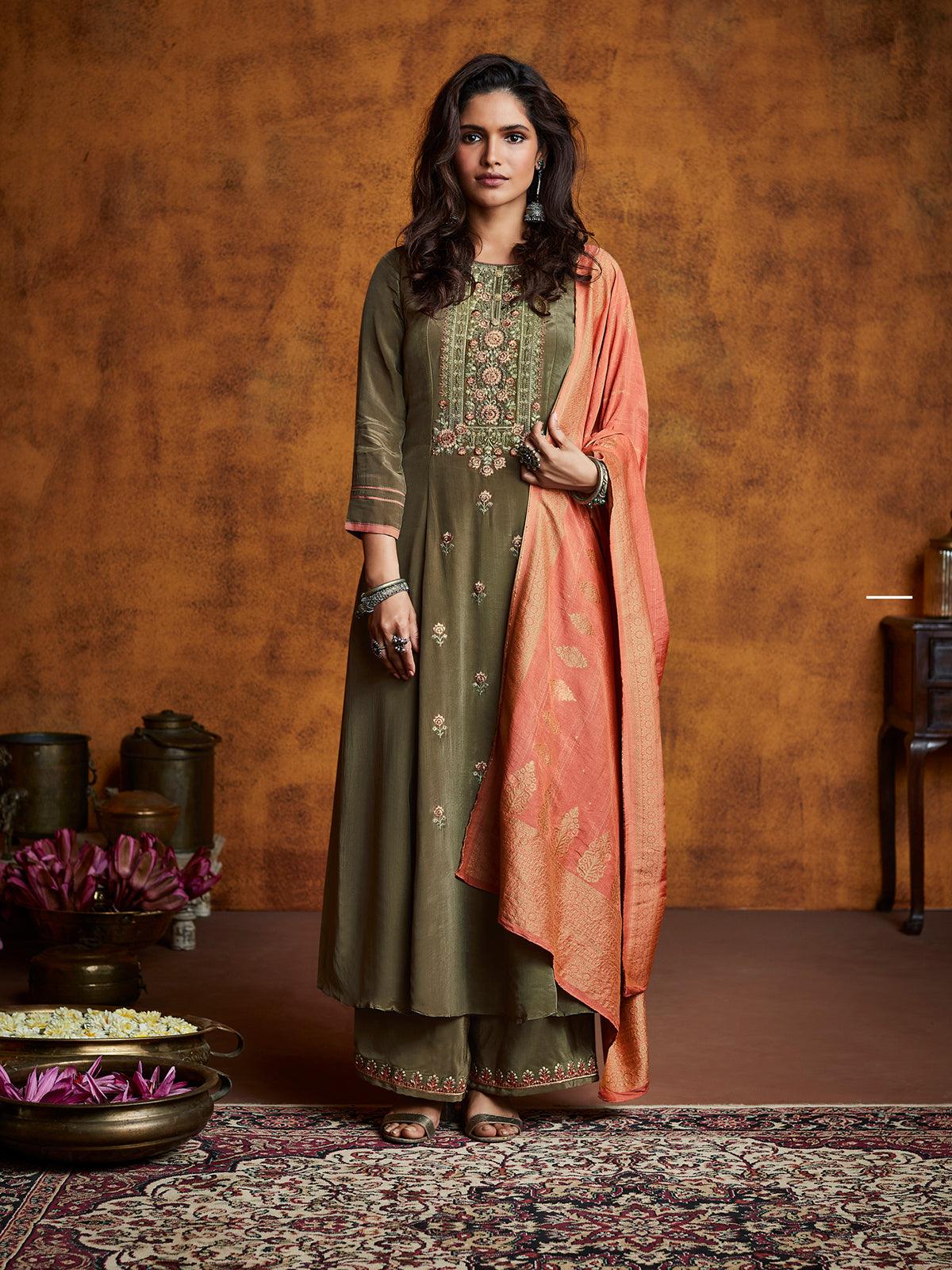 Women's Olive Color Fiyona Silk Designer Suit - Odette