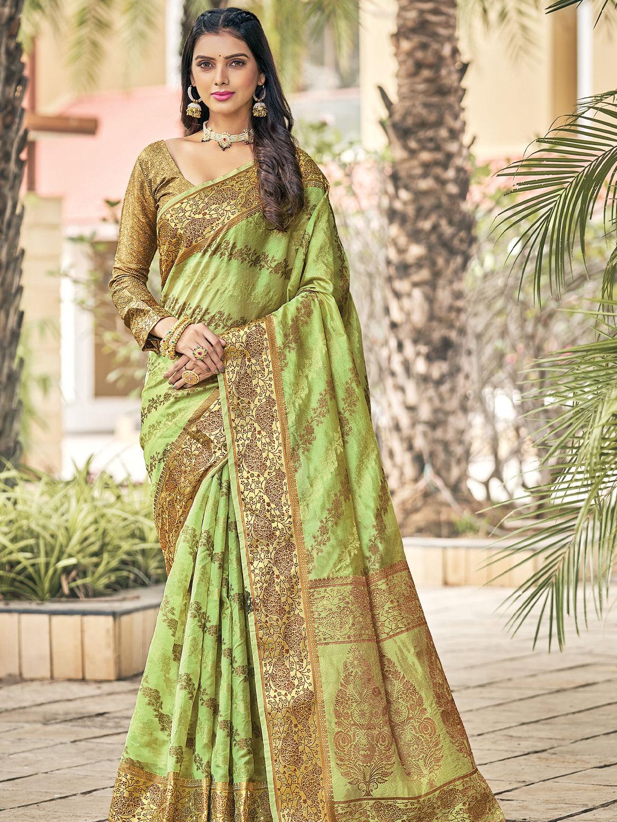 Women's Olive Color Organza Saree With Blouse - Odette