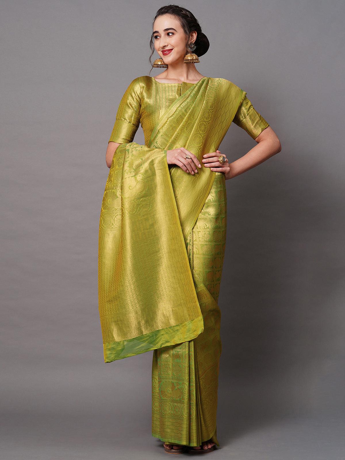 Women's Olive Green Festive Silk Blend Woven Design Saree With Unstitched Blouse - Odette