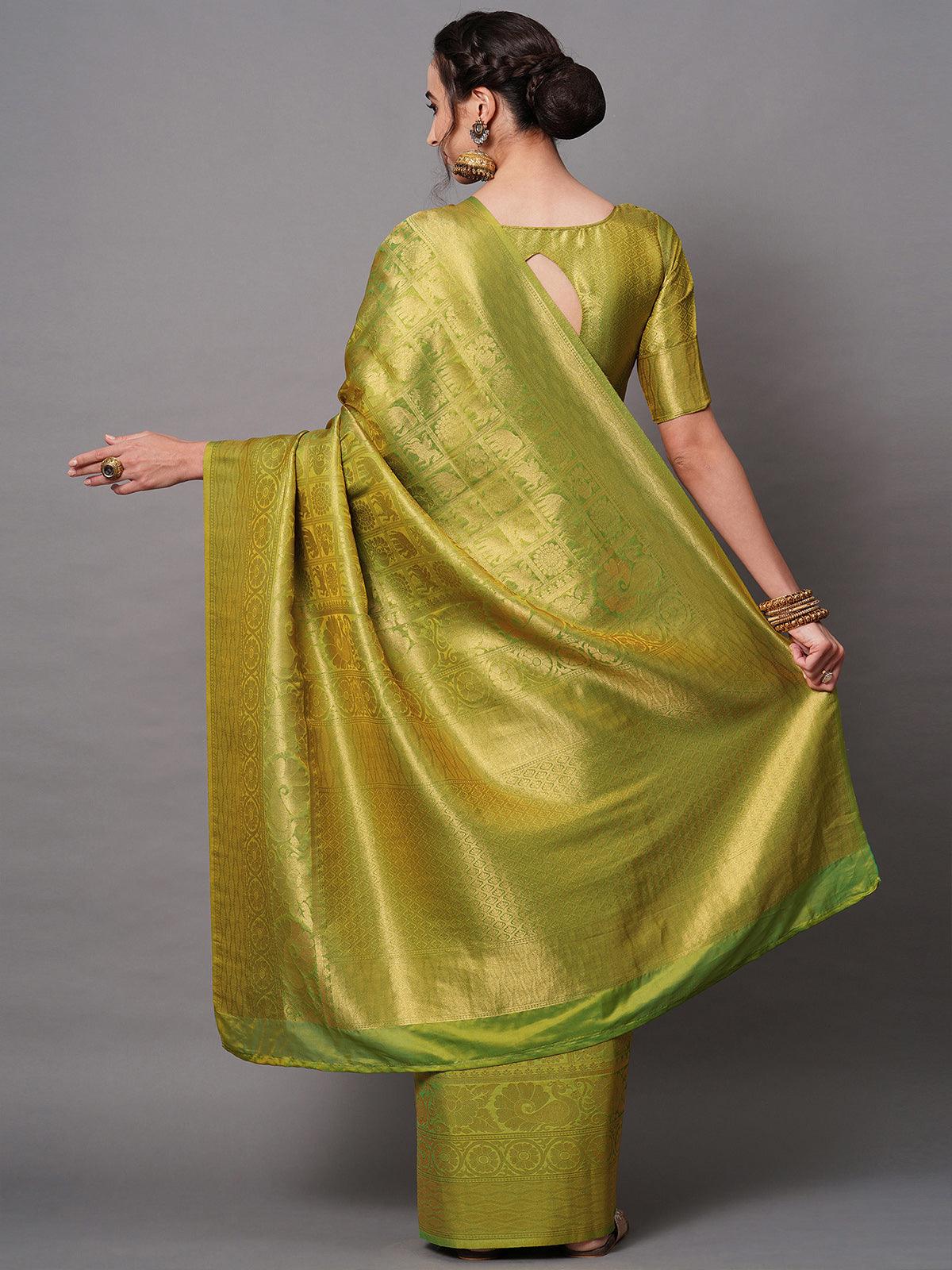 Women's Olive Green Festive Silk Blend Woven Design Saree With Unstitched Blouse - Odette