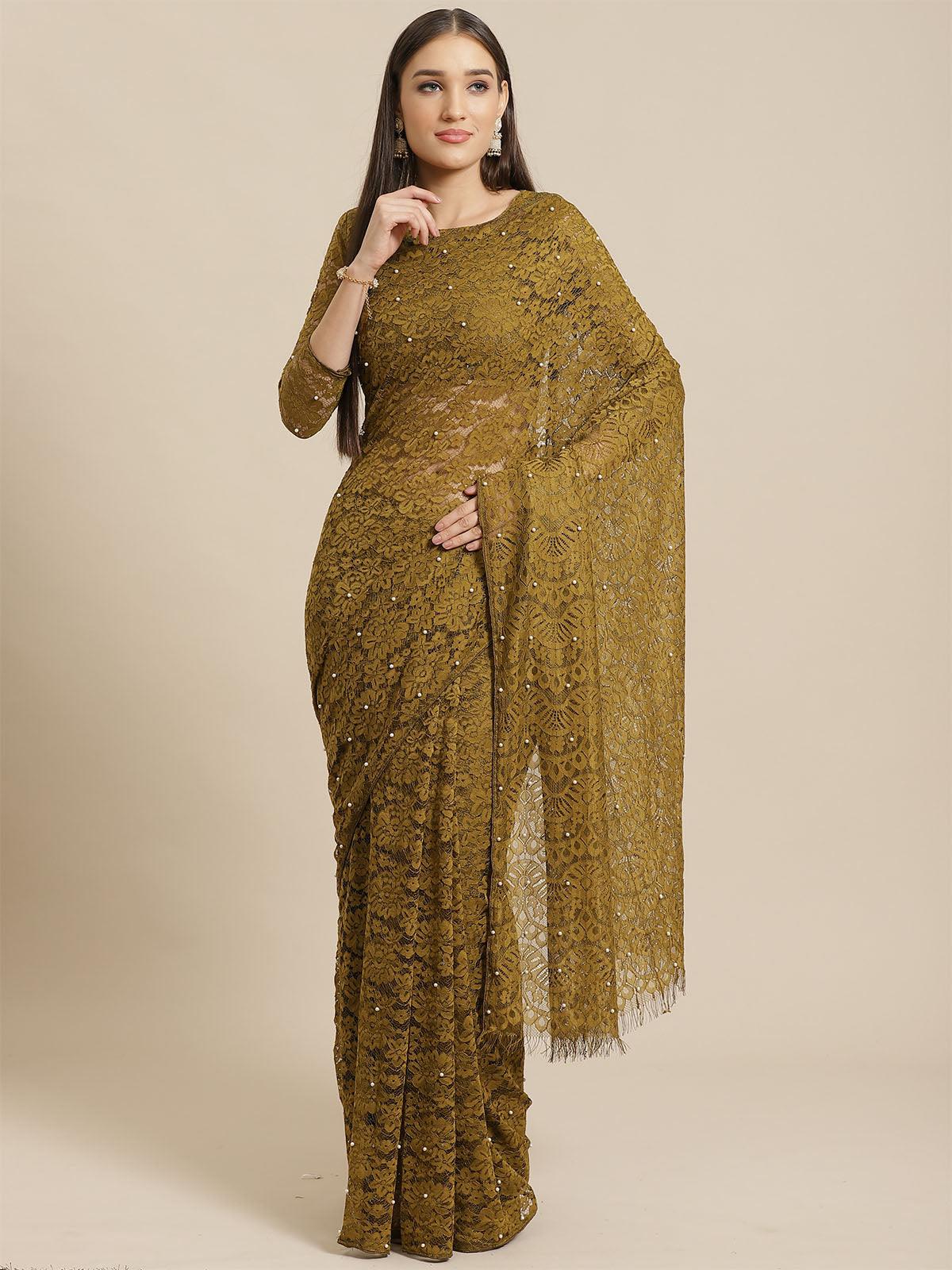 Women's Olive Green Party Wear Net(Super Net) Solid Saree With Unstitched Blouse - Odette