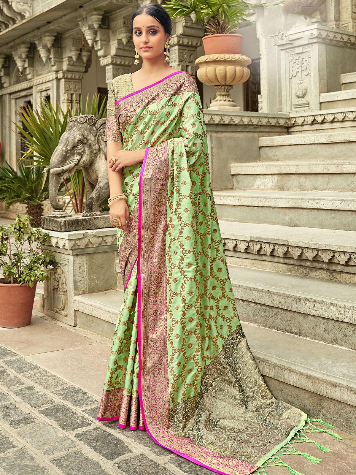 Women's Olive Heavy Woven Banarasi Silk Saree - Odette