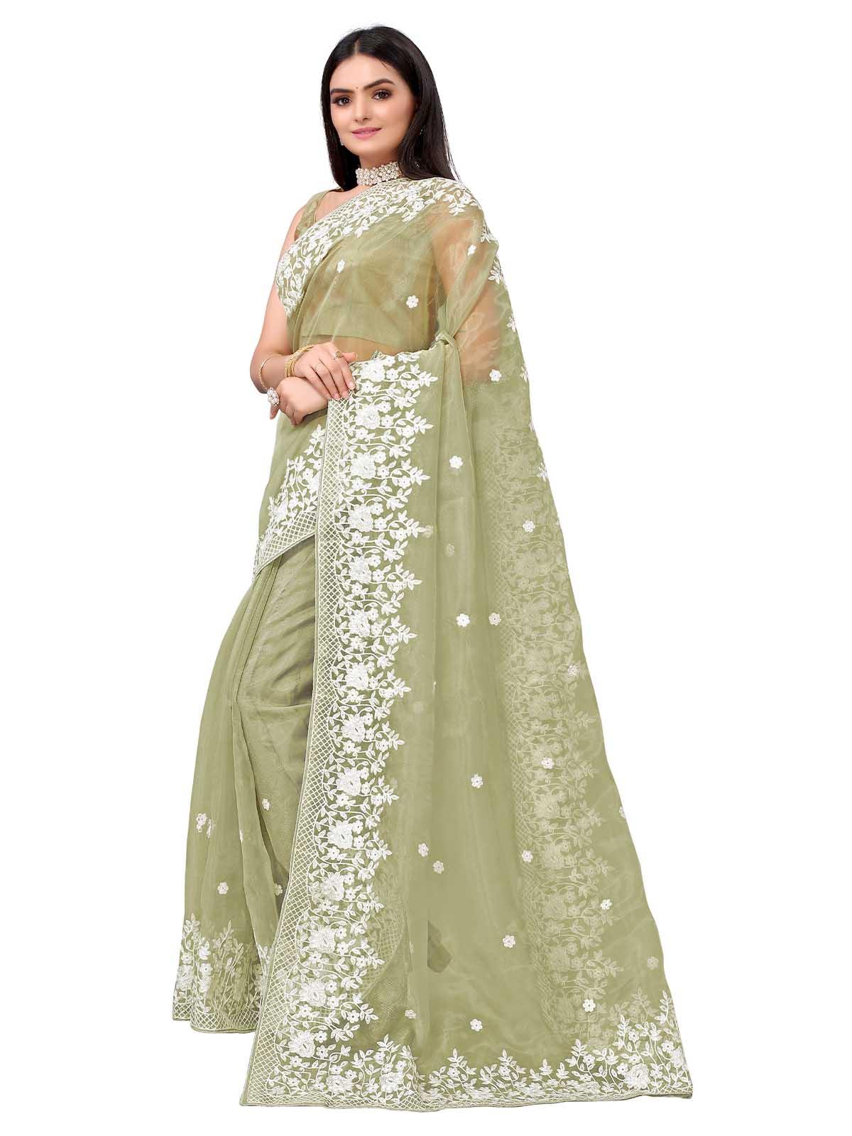 Women's Olive Organza Embroidered Saree With Blouse - Odette