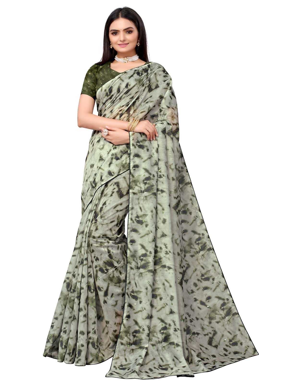 Women's Olive Pure Cotton Embroidered Saree With Blouse - Odette