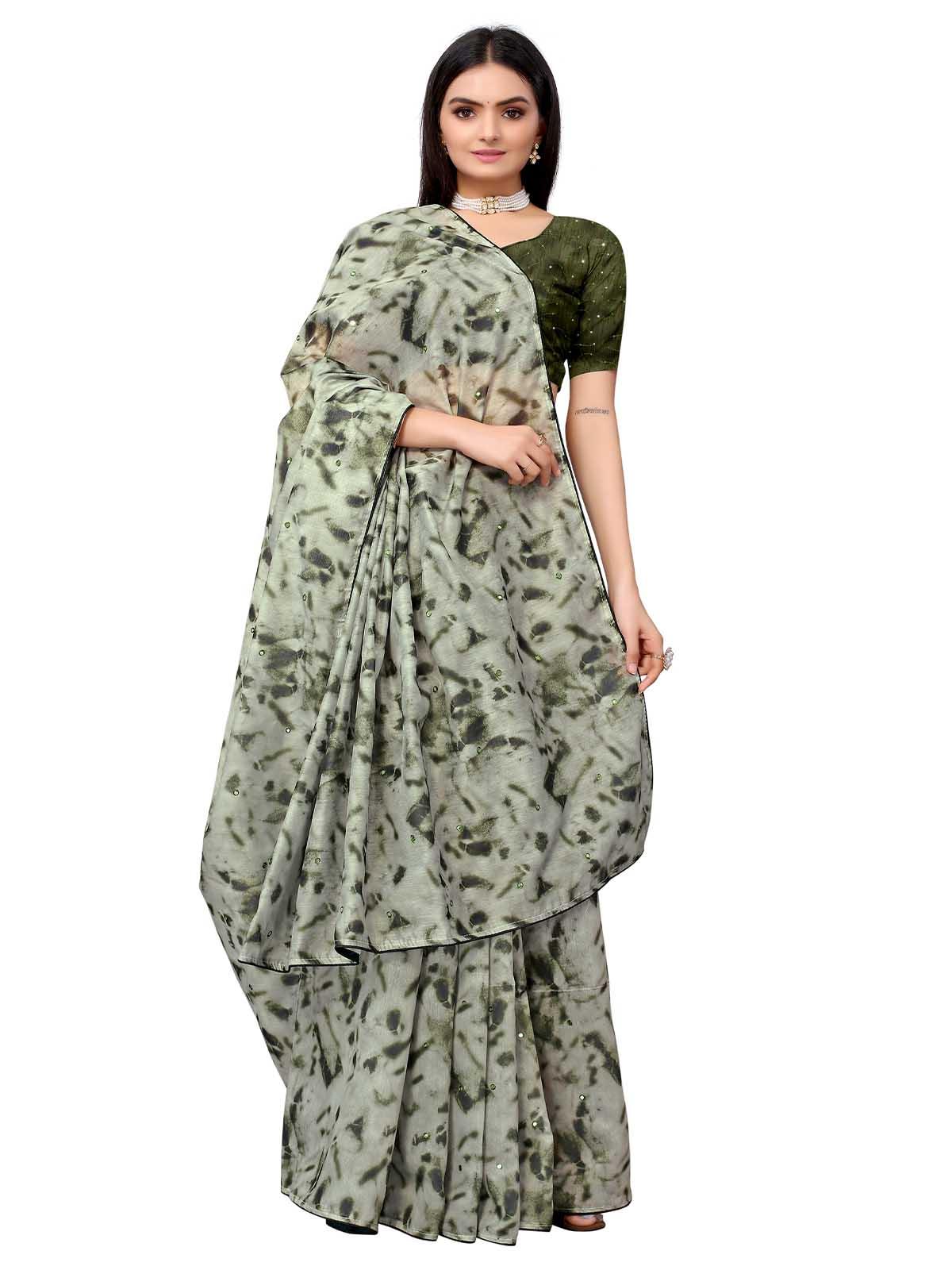 Women's Olive Pure Cotton Embroidered Saree With Blouse - Odette