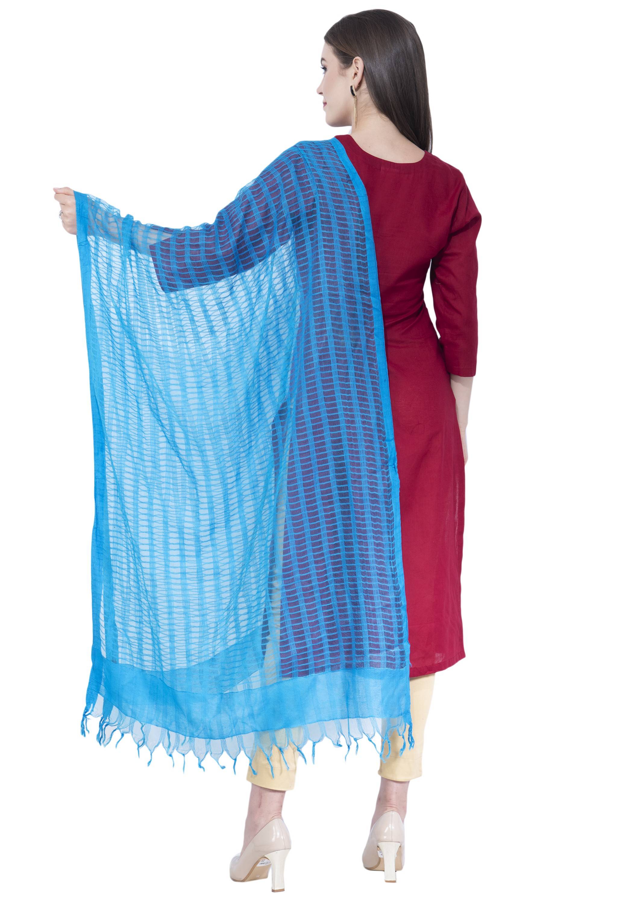 A R Silk Women's Self Check Cota Cotton Firozi Dupattas and Chunnis