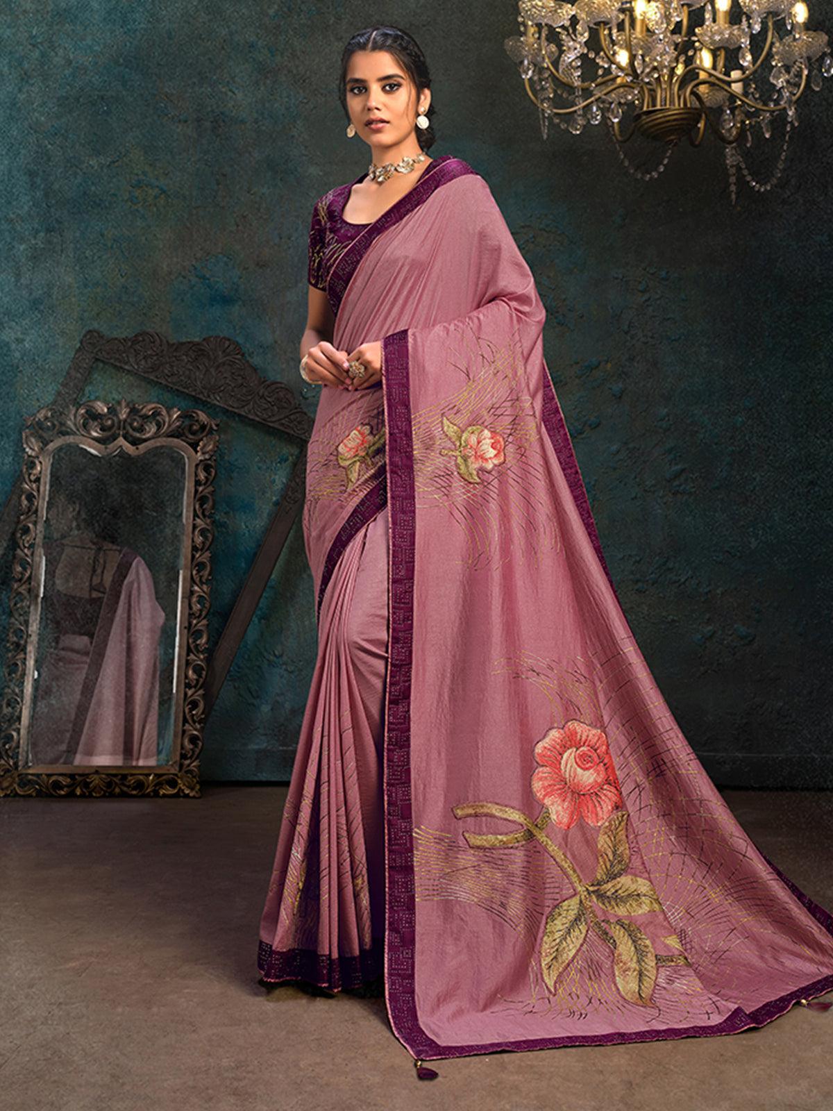 Women's Onion Pink Silk Designer Saree With Blouse - Odette