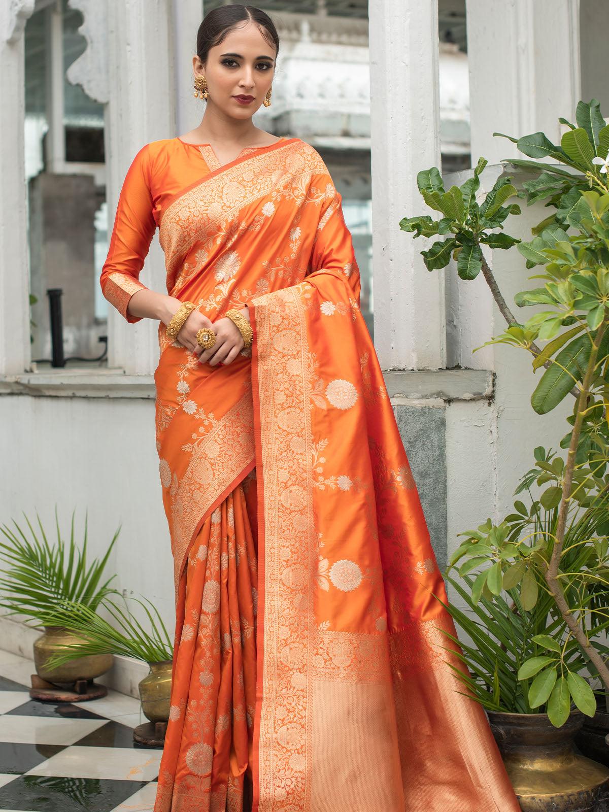 Women's Orange Banarasi Silk Exclusive Wevon Designer Saree - Odette