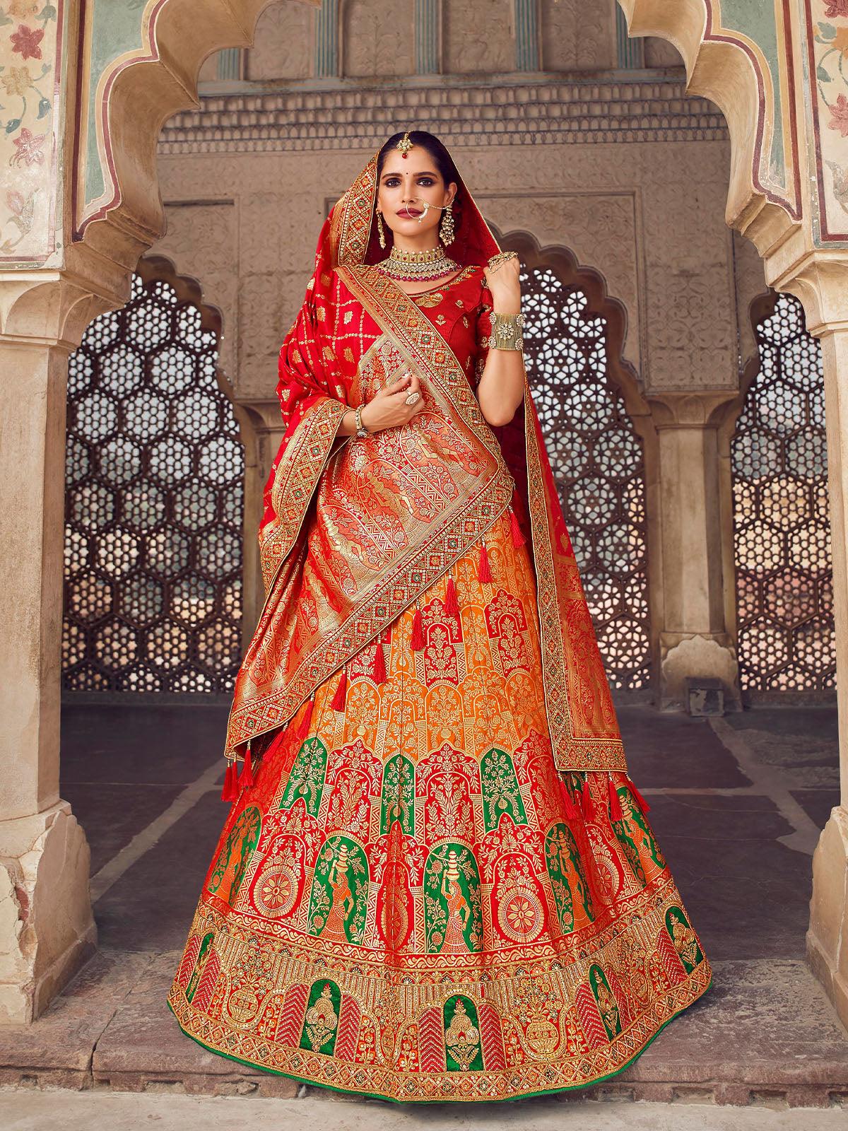 Women's Orange Banarasi Silk Heavy Embroidery Designer Lehenga - Odette