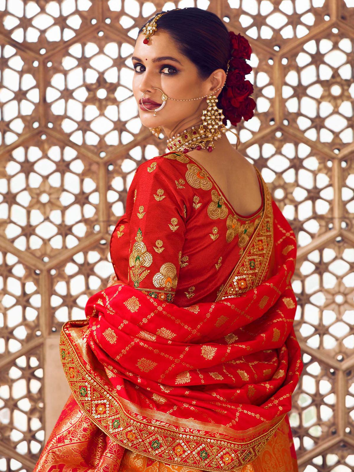 Women's Orange Banarasi Silk Heavy Embroidery Designer Lehenga - Odette