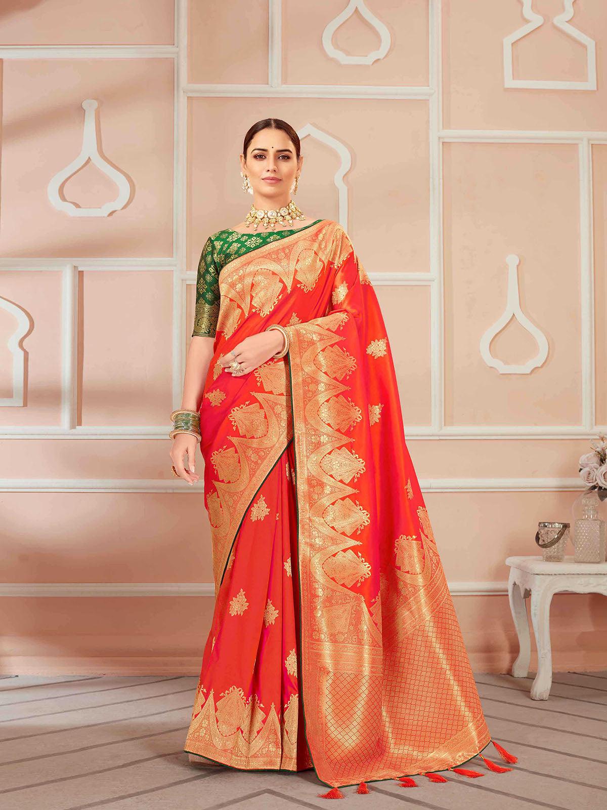 Women's Orange Banarasi Silk Wevon Heavy Jari Designer Saree - Odette