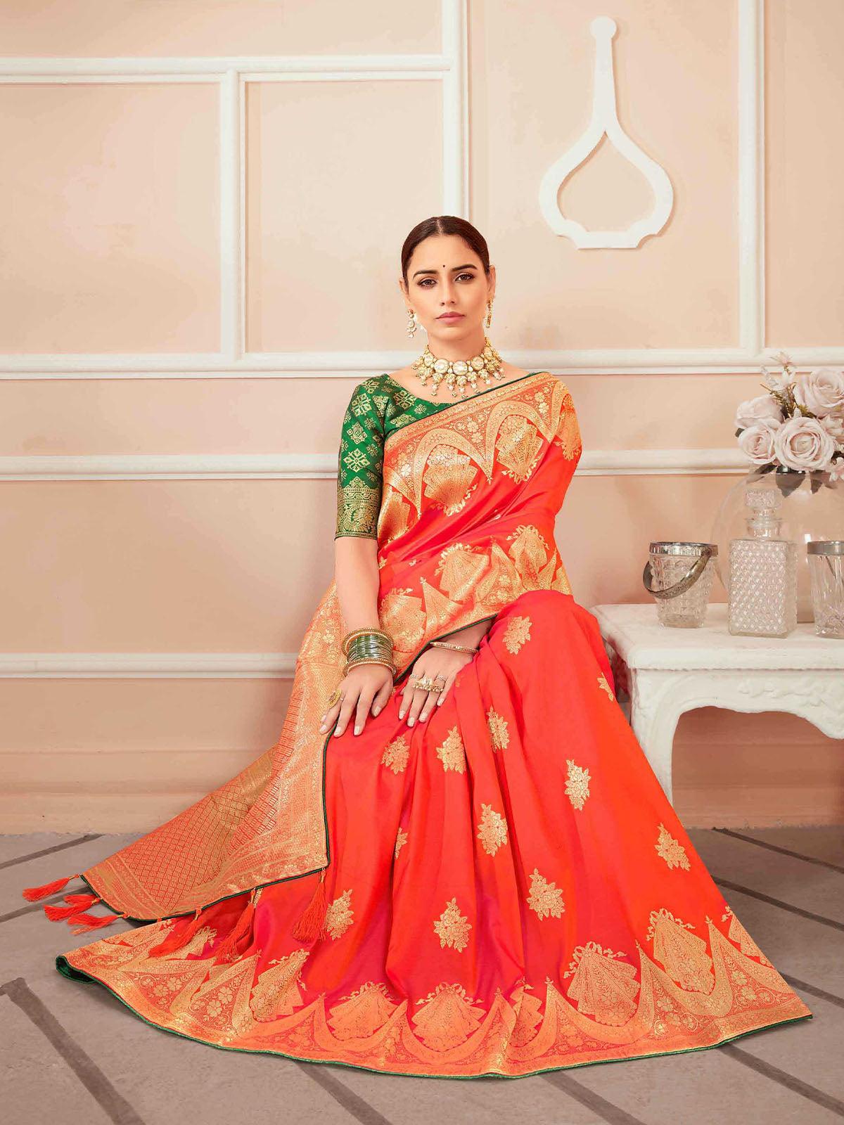 Women's Orange Banarasi Silk Wevon Heavy Jari Designer Saree - Odette