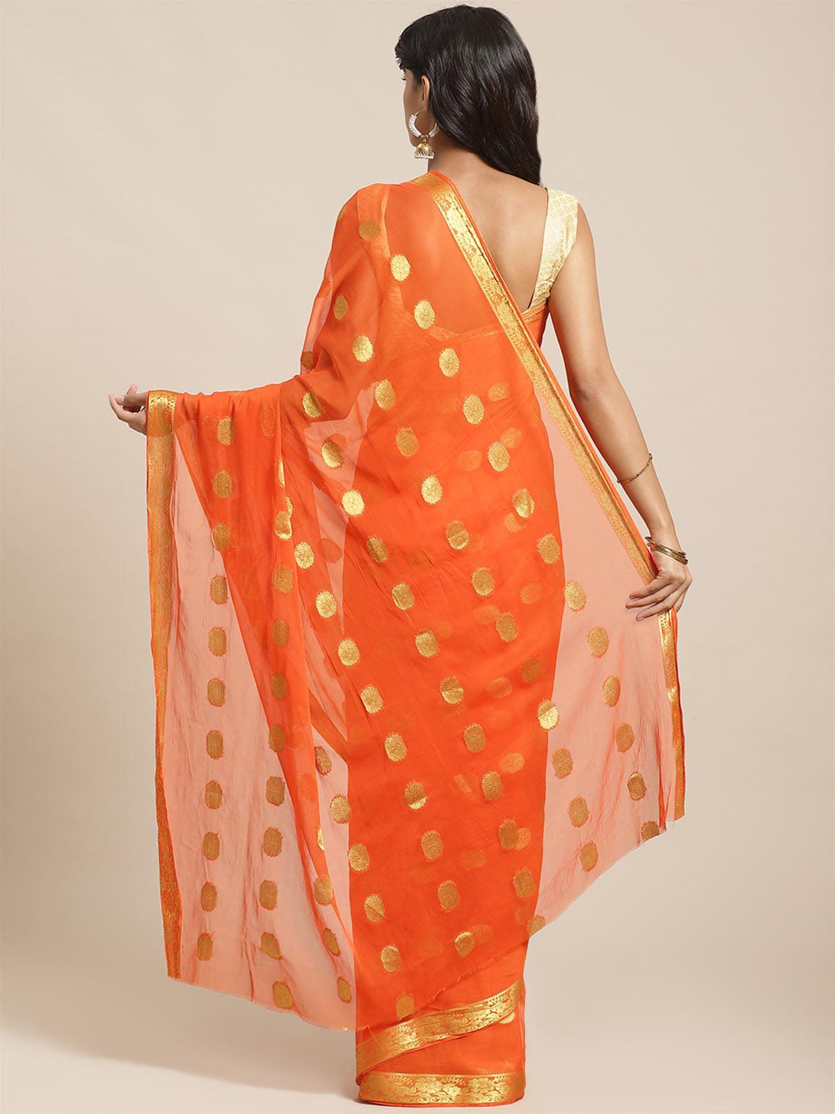 Women's Orange Casual Chiffon Solid Saree With Unstitched Blouse - Odette