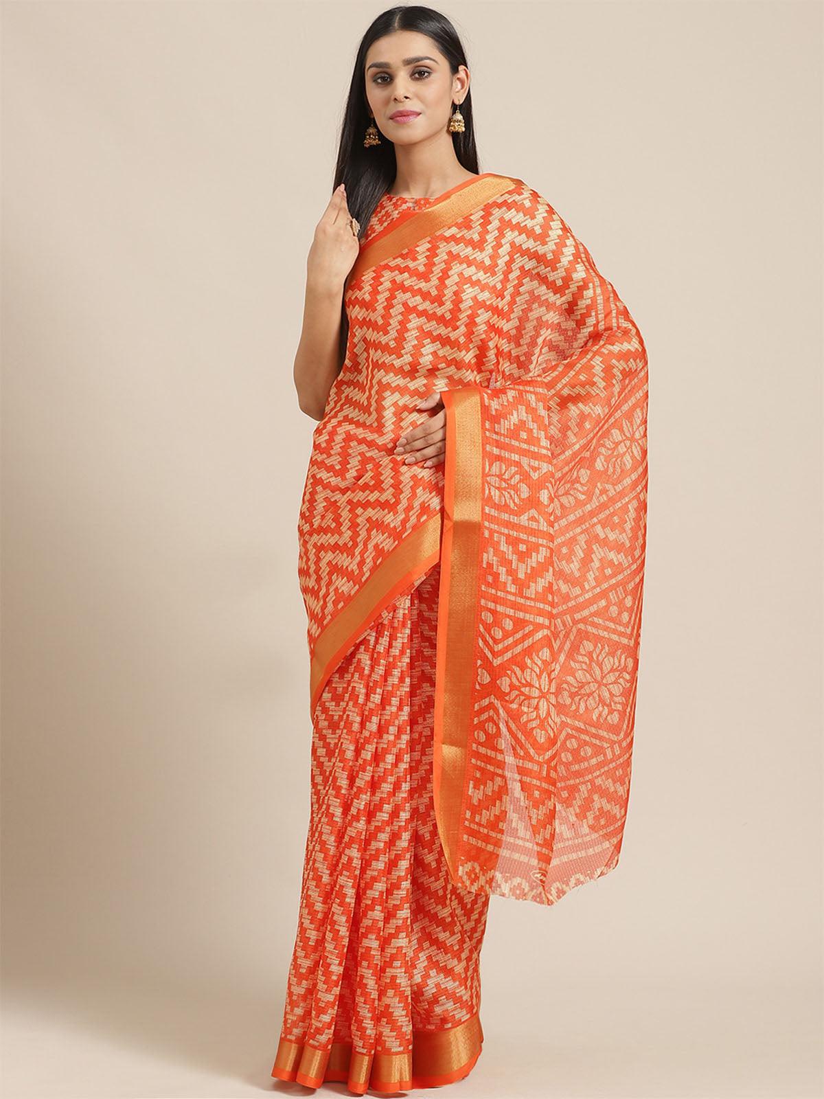 Women's Orange Casual Silk Blend Printed Saree With Unstitched Blouse - Odette