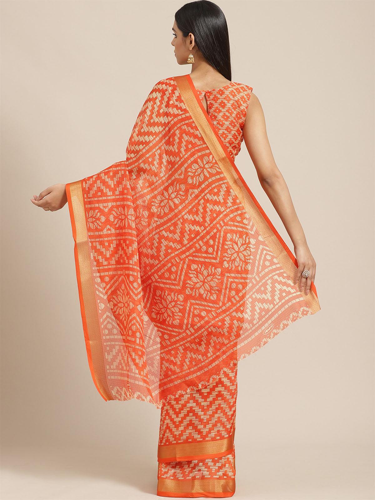 Women's Orange Casual Silk Blend Printed Saree With Unstitched Blouse - Odette