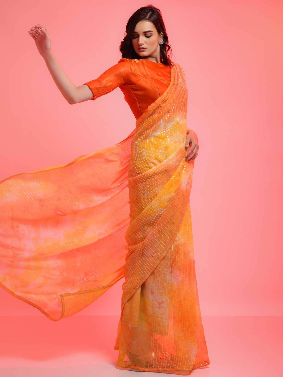 Women's Orange Chiffon With Sequence Work Sequence Saree - Odette