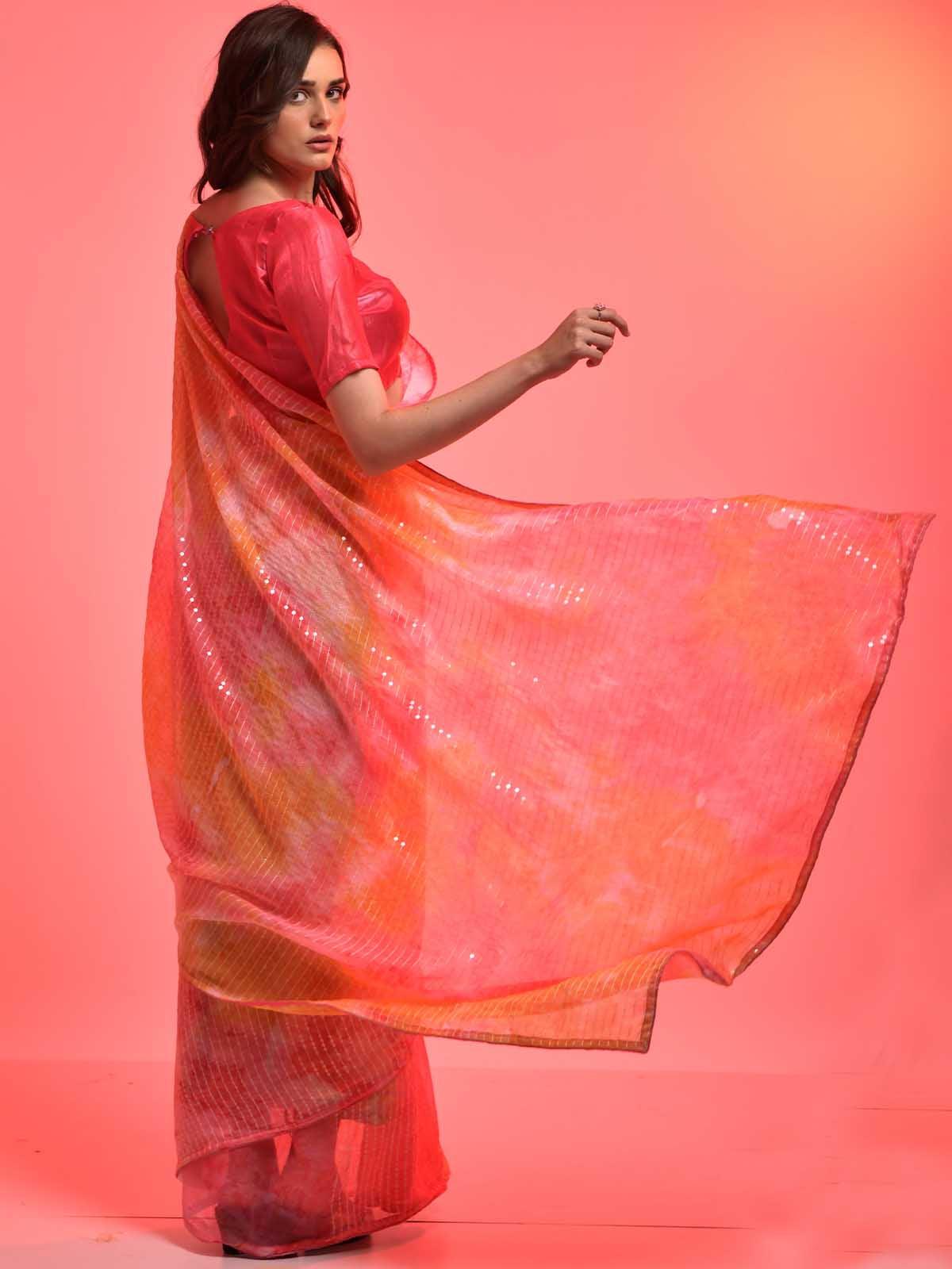 Women's Orange Chiffon With Sequence Work Sequence Saree - Odette