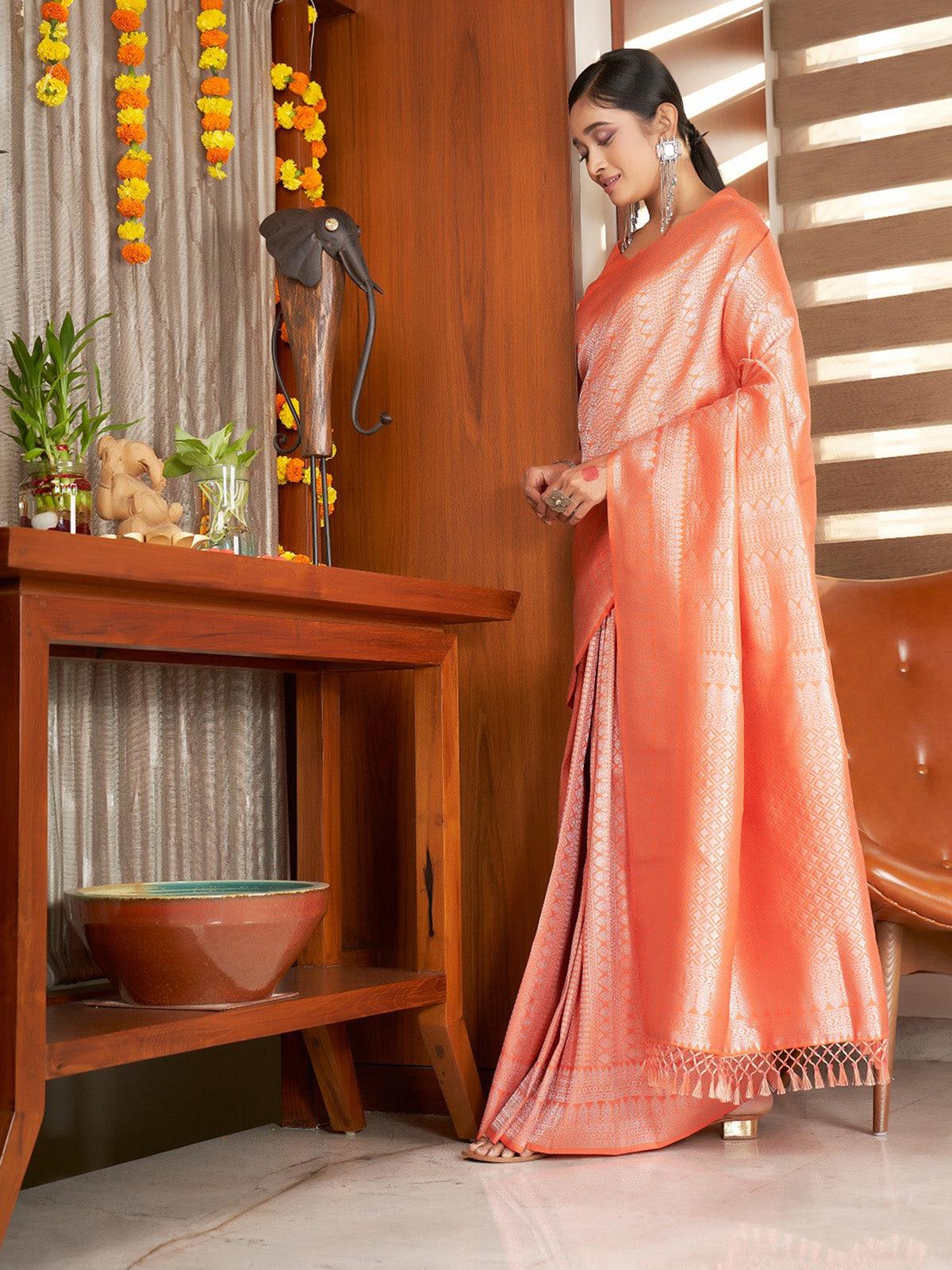 Women's Orange Color Kanjivaram Silk Saree - Odette