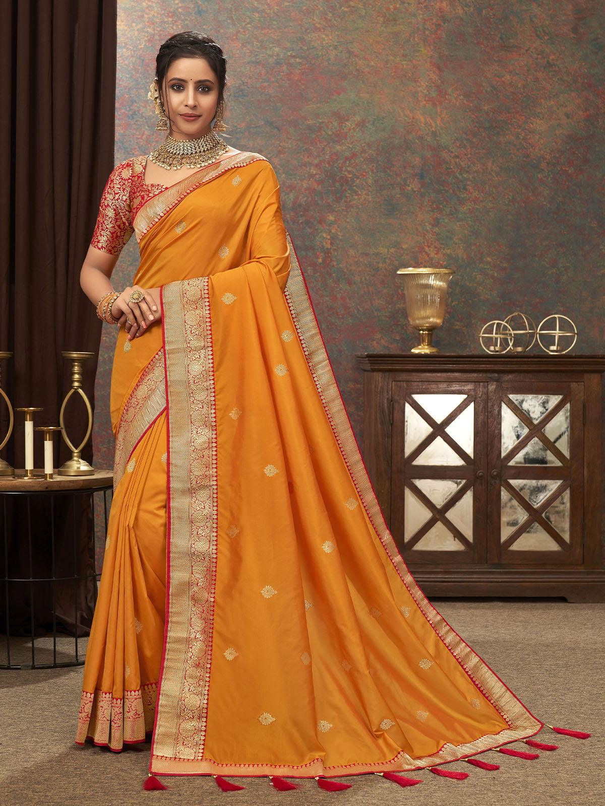 Women's Orange Designer Banarasi Silk Saree - Odette