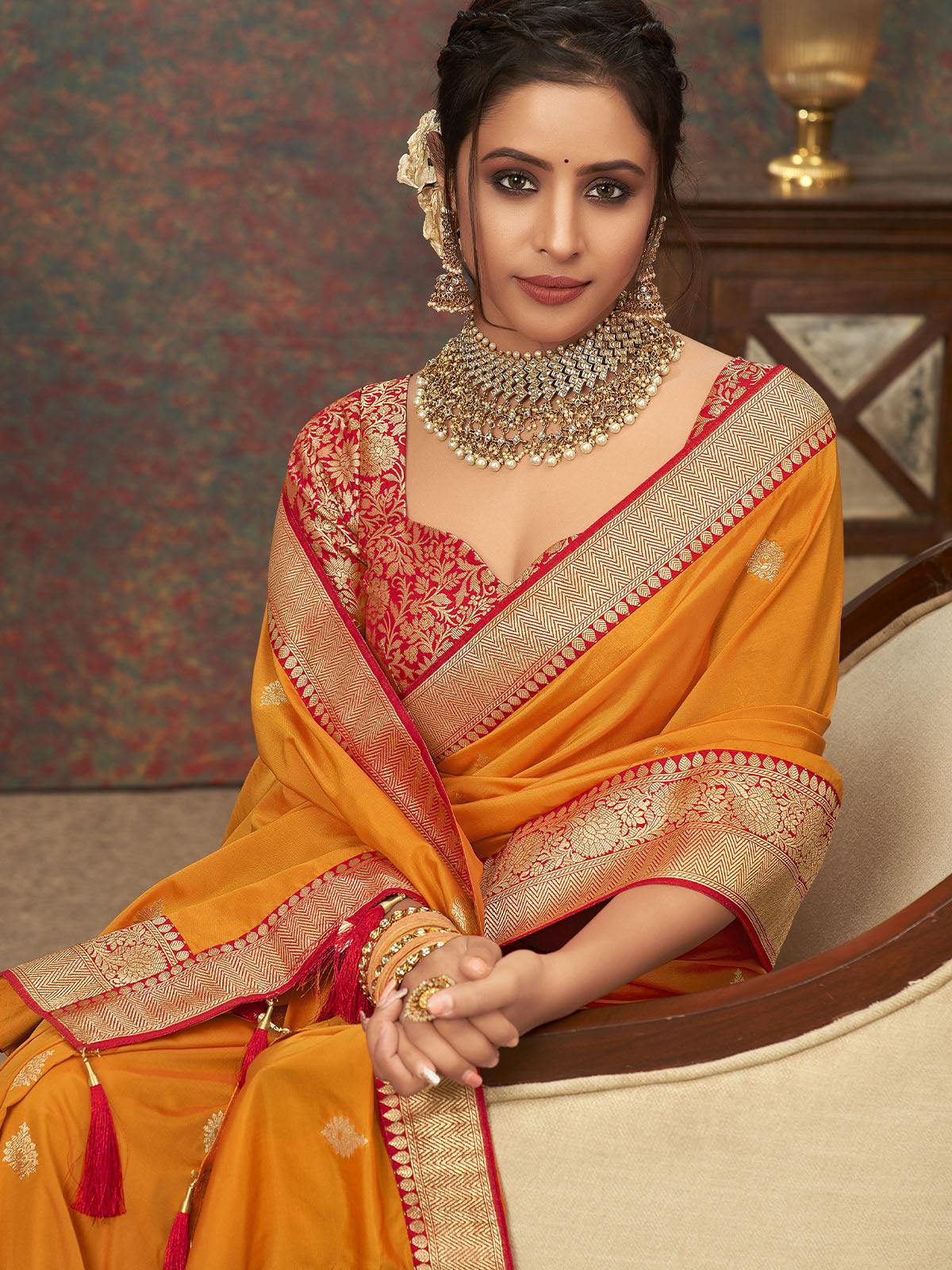 Women's Orange Designer Banarasi Silk Saree - Odette
