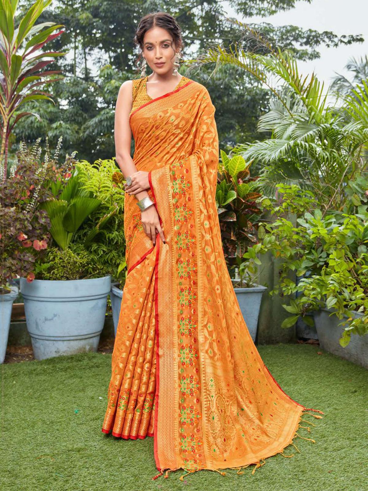 Women's Orange Elegant Cotton Silk Weaving Designer Saree - Odette