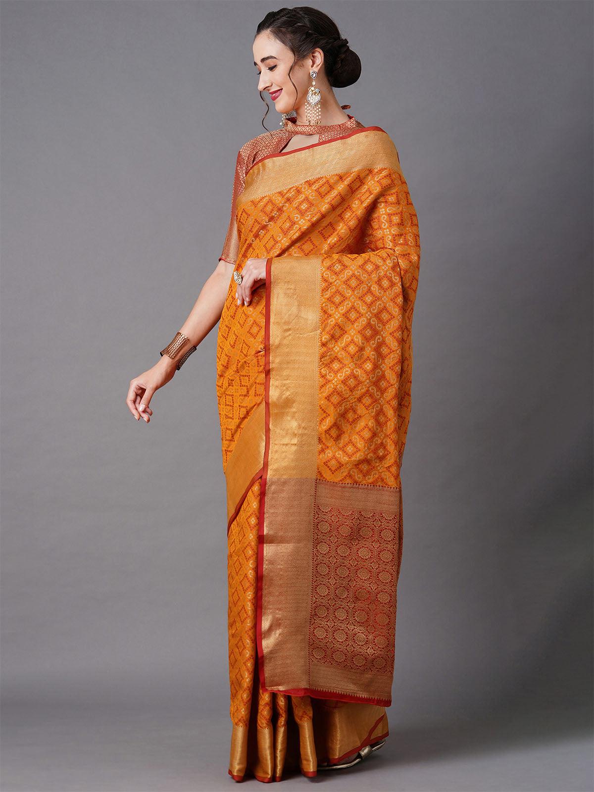 Women's Orange Festive Silk Blend Geometric Saree With Unstitched Blouse - Odette
