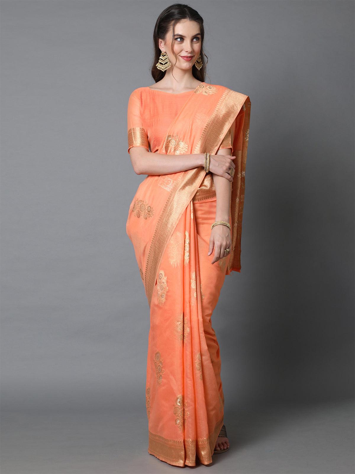 Women's Orange Festive Silk Blend Woven Design Saree With Unstitched Blouse - Odette