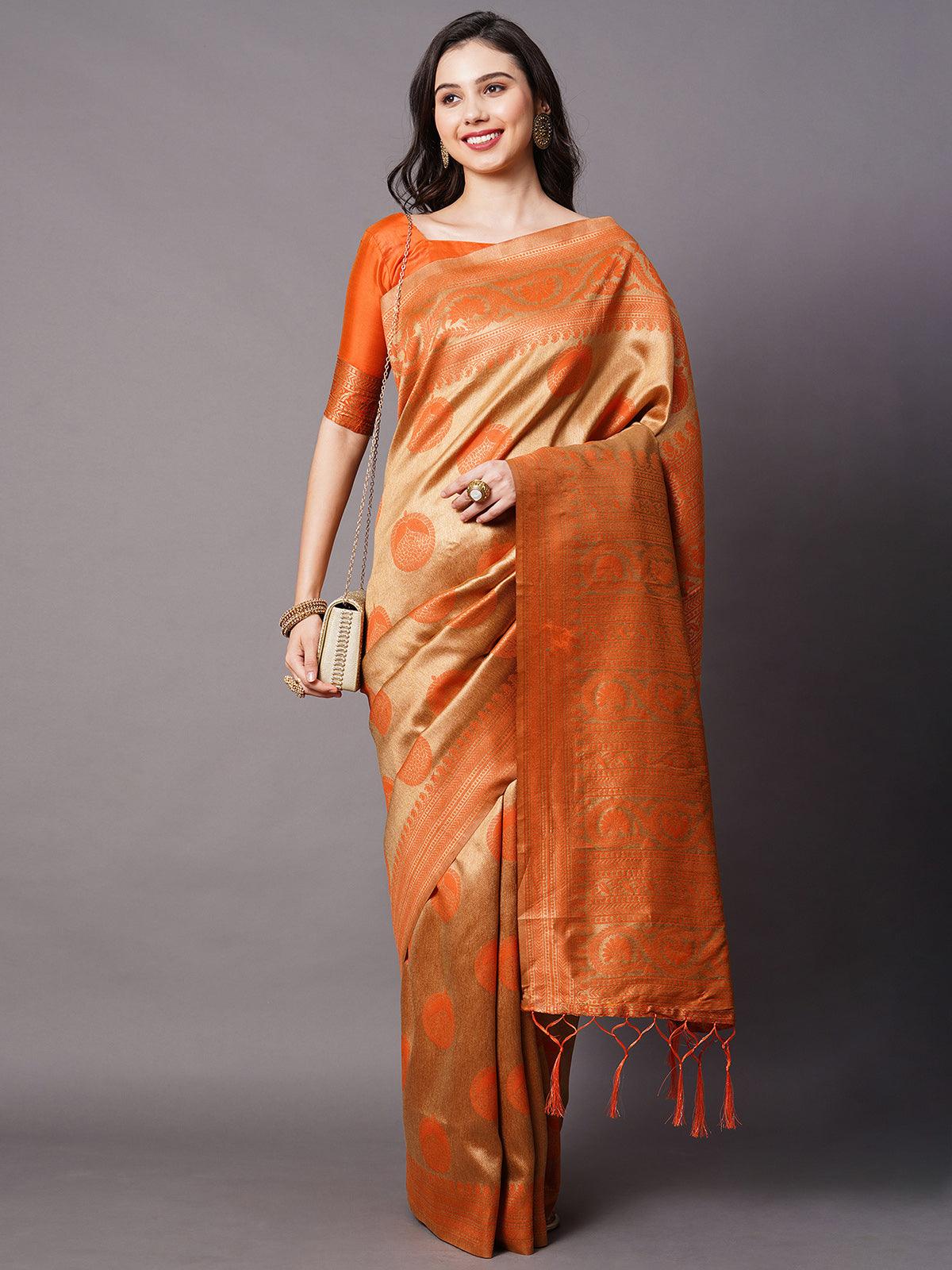 Women's Orange Festive Silk Blend Woven Design Saree With Unstitched Blouse - Odette