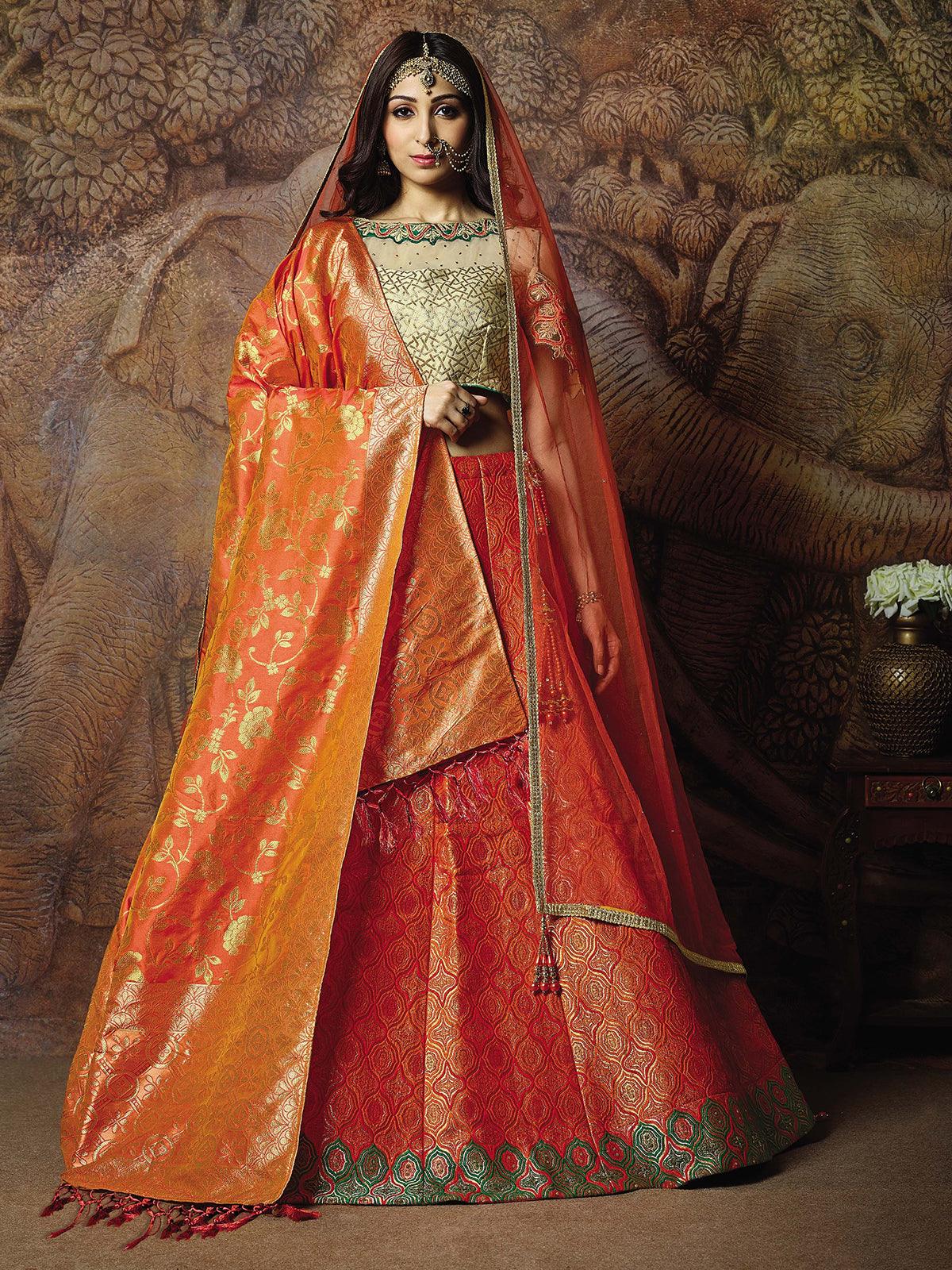 Women's Orange Jacquard Weaved Silk Designer Lehenga Choli - Odette