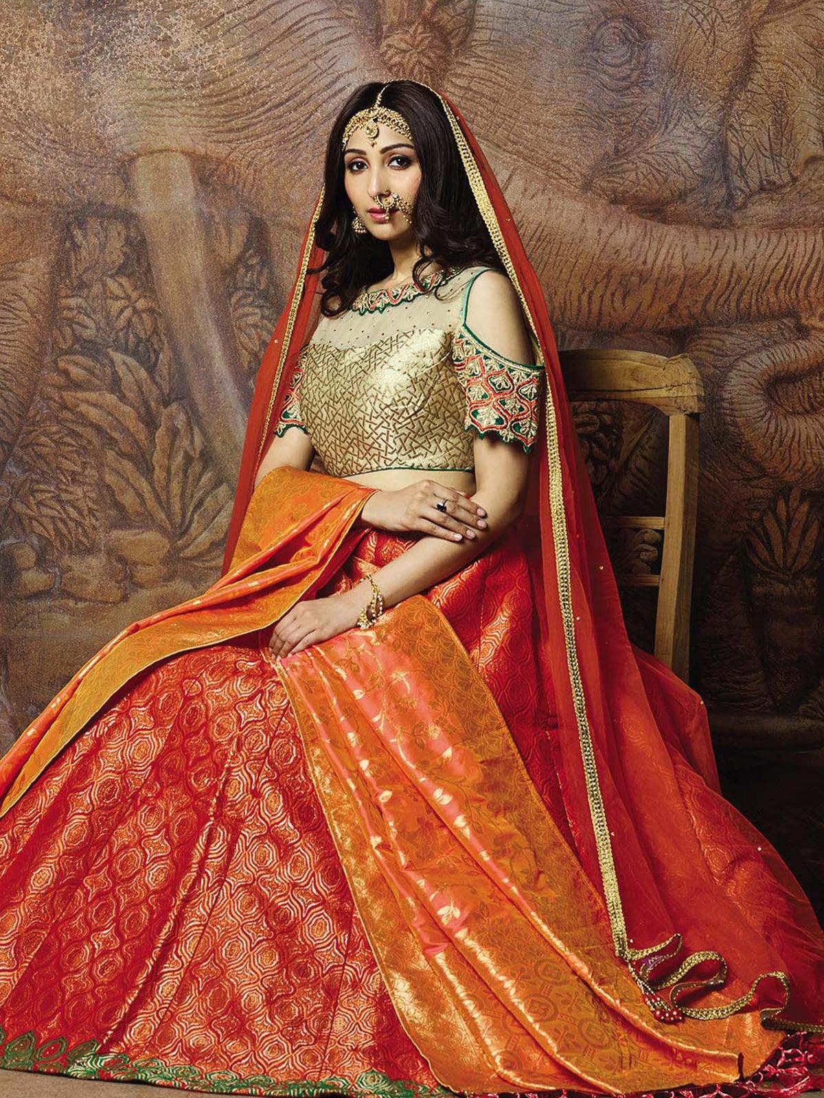 Women's Orange Jacquard Weaved Silk Designer Lehenga Choli - Odette