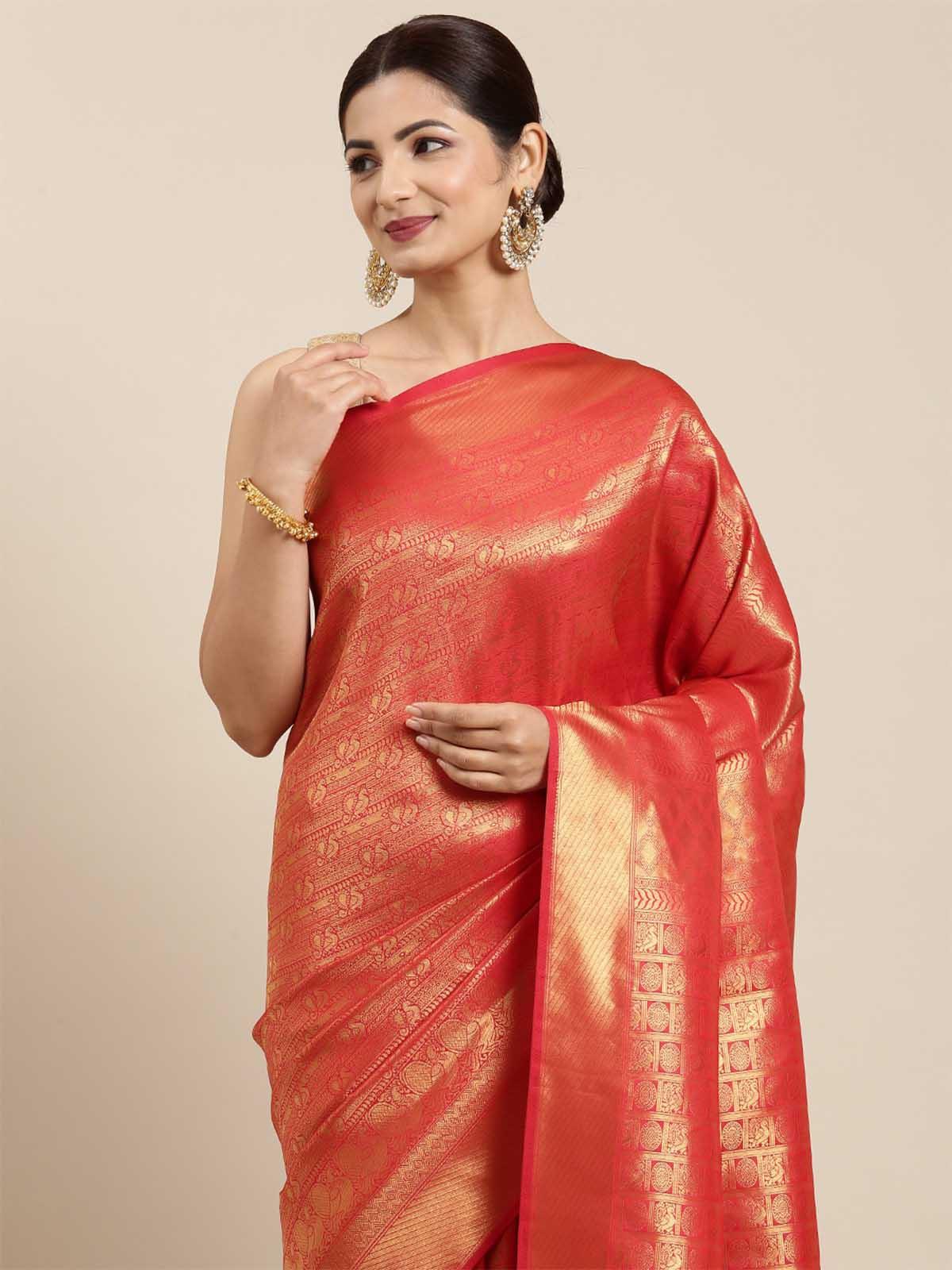 Women's Orange Kanjivaram Silk Banarasi Weaving Silk Saree - Odette