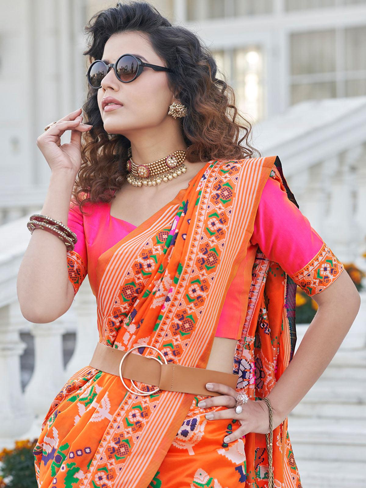 Women's Orange Patola Silk Heavy Wevon Patola Designer Saree - Odette