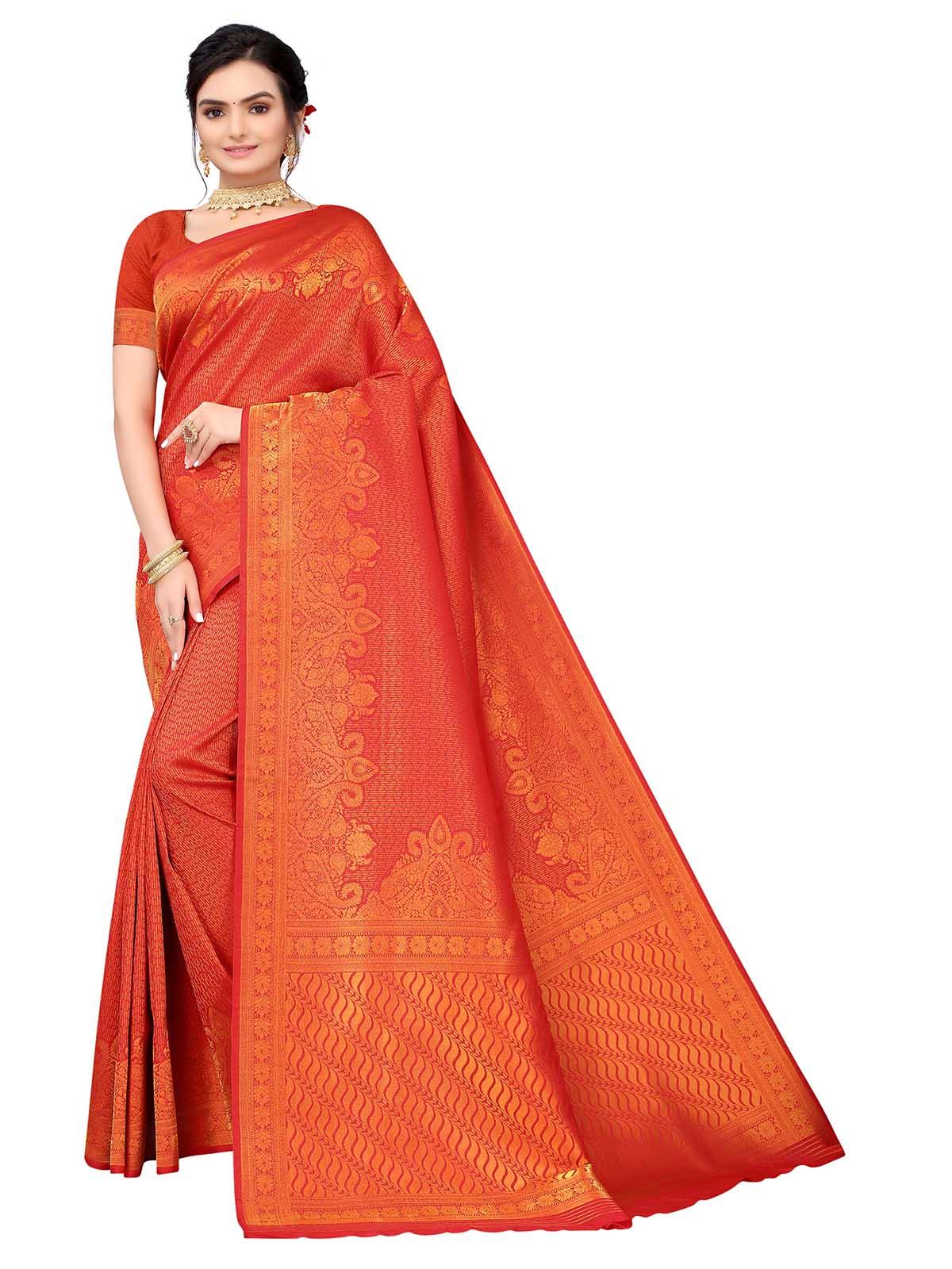 Women's Orange Silk Blend Woven Saree With Blouse - Odette