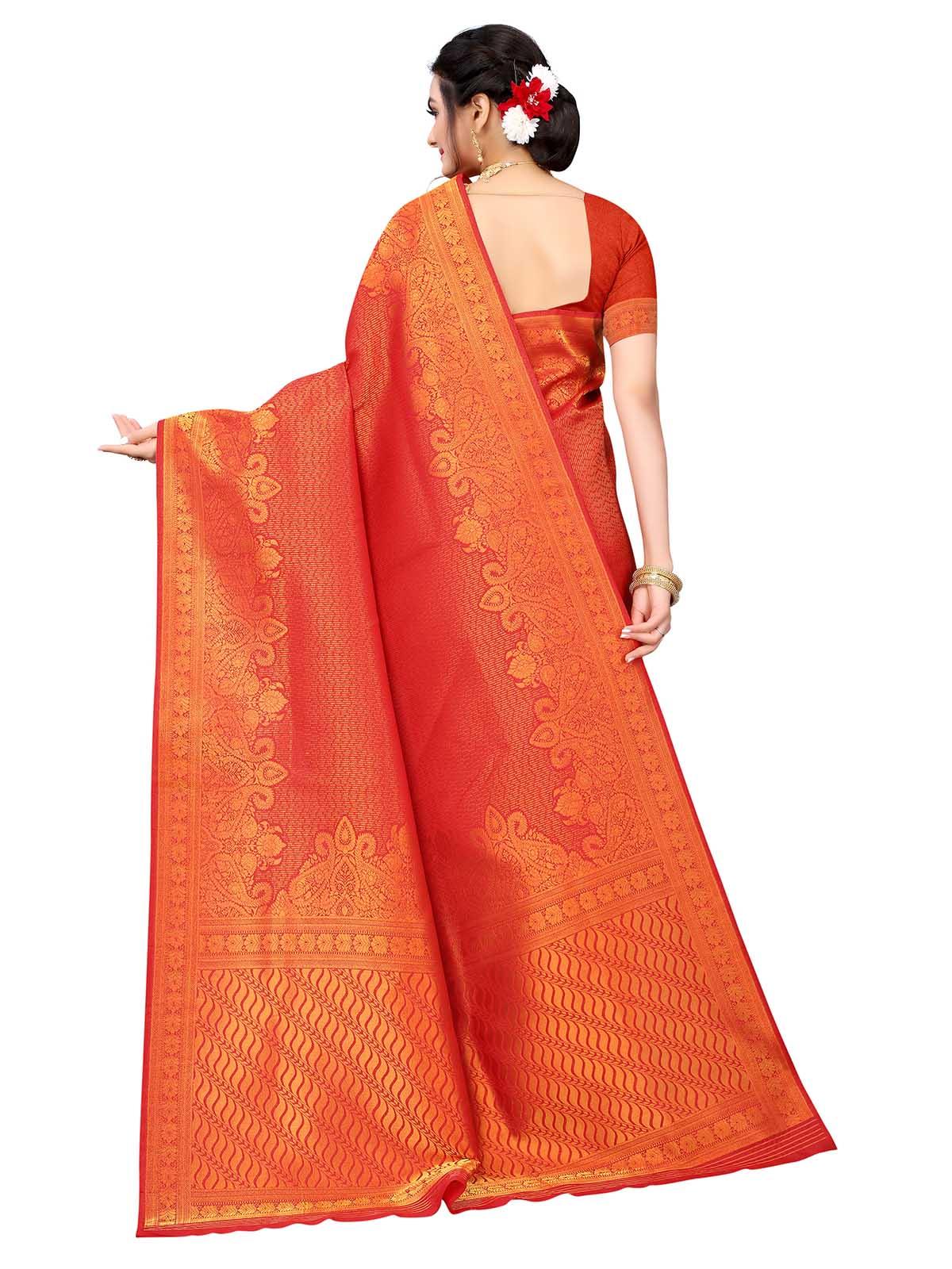 Women's Orange Silk Blend Woven Saree With Blouse - Odette