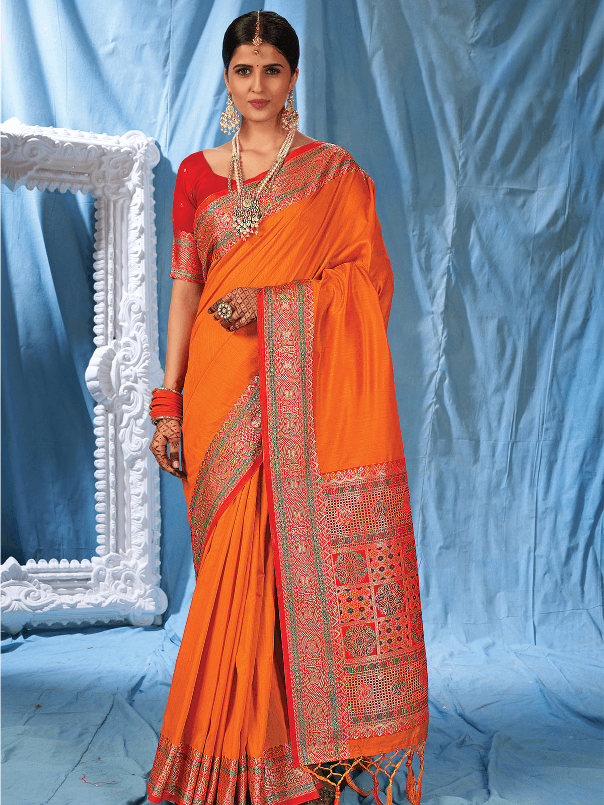 Women's Orange Silk Heavy Wevon Designer Saree - Odette