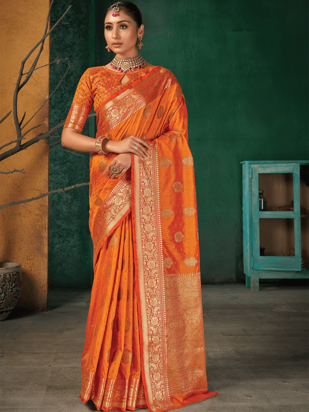 Women's Orange Silk Heavy Woven Designer Saree - Odette
