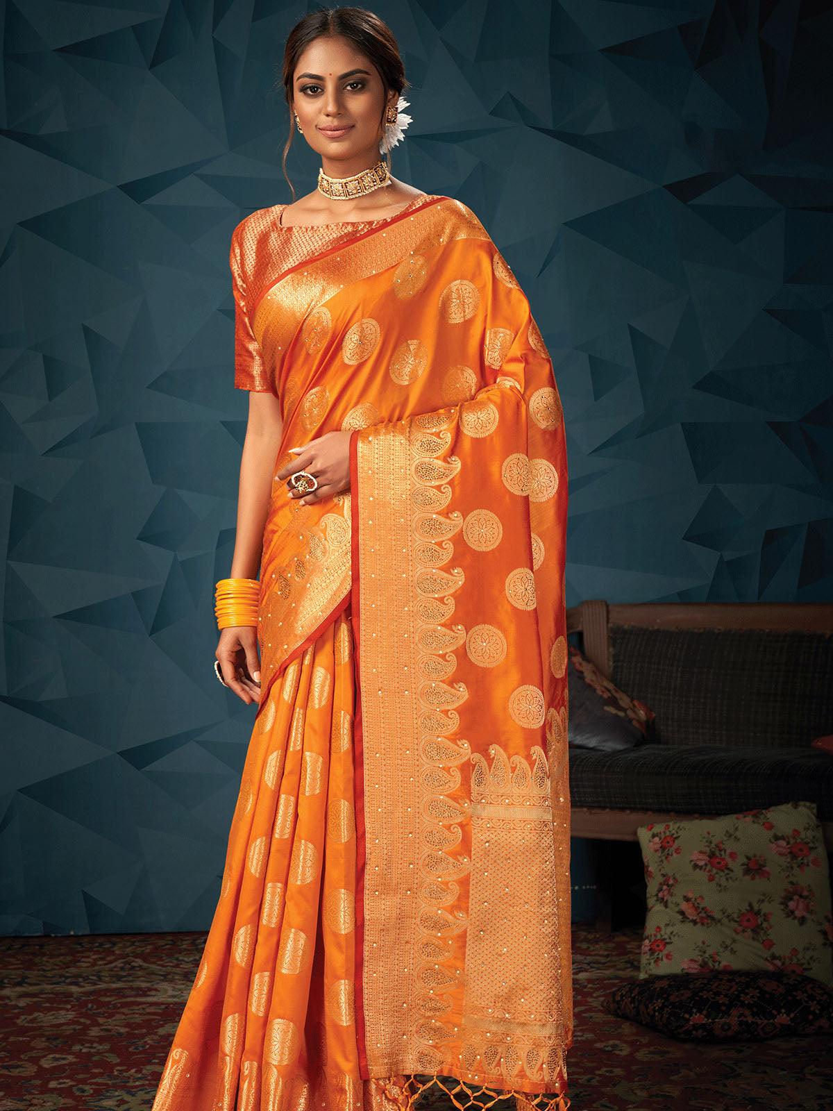 Women's Orange Silk Weave Designer Saree - Odette
