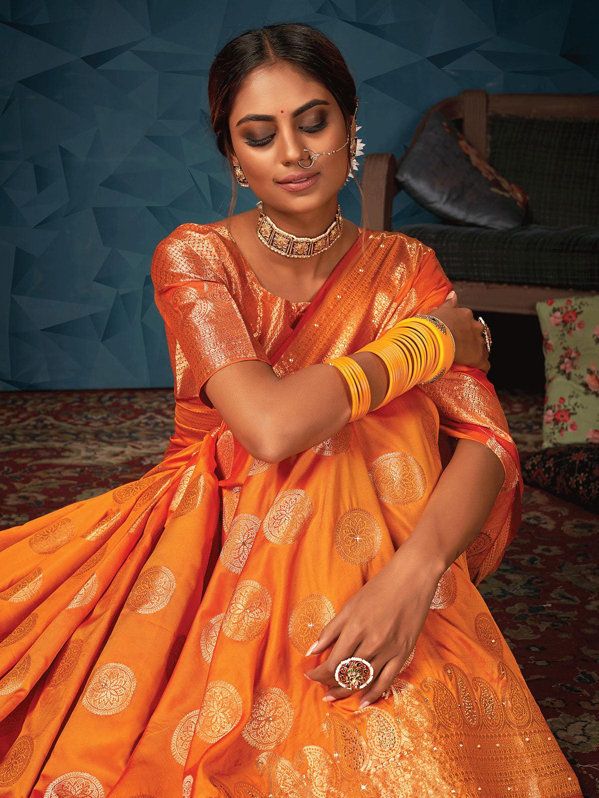 Women's Orange Silk Weave Designer Saree - Odette