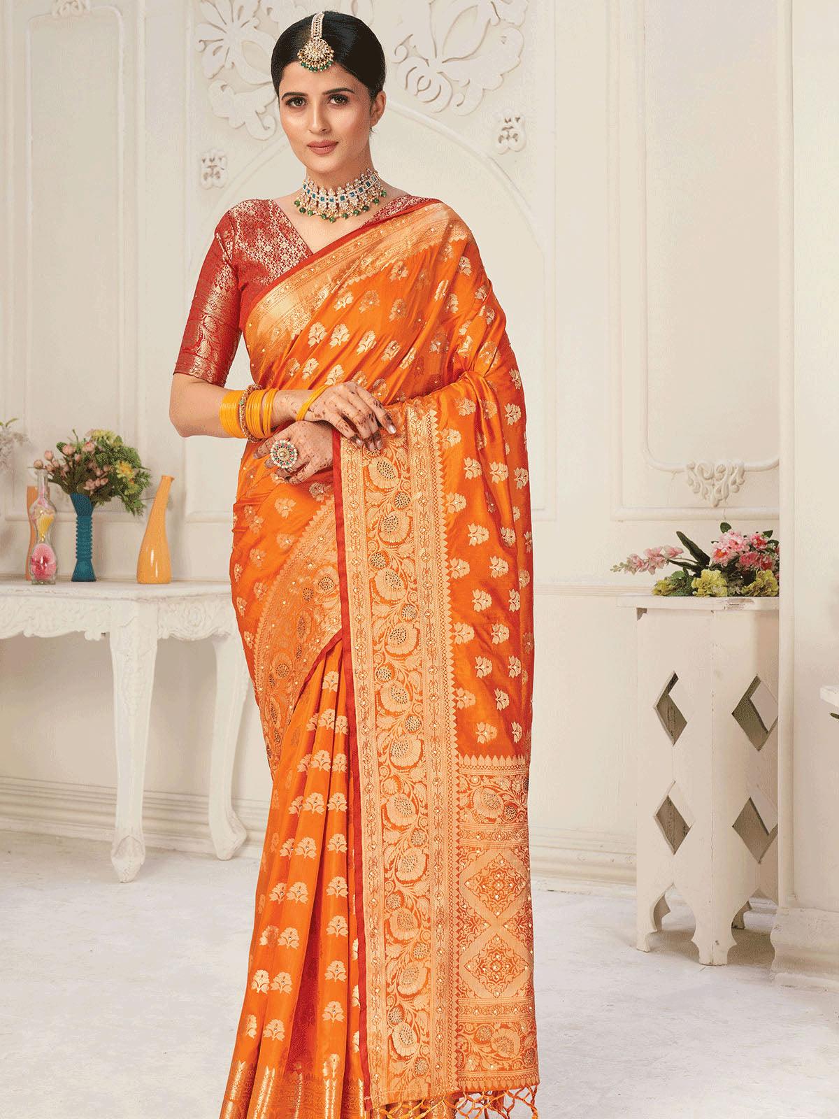 Women's Orange Silk Weaved Designer Saree - Odette