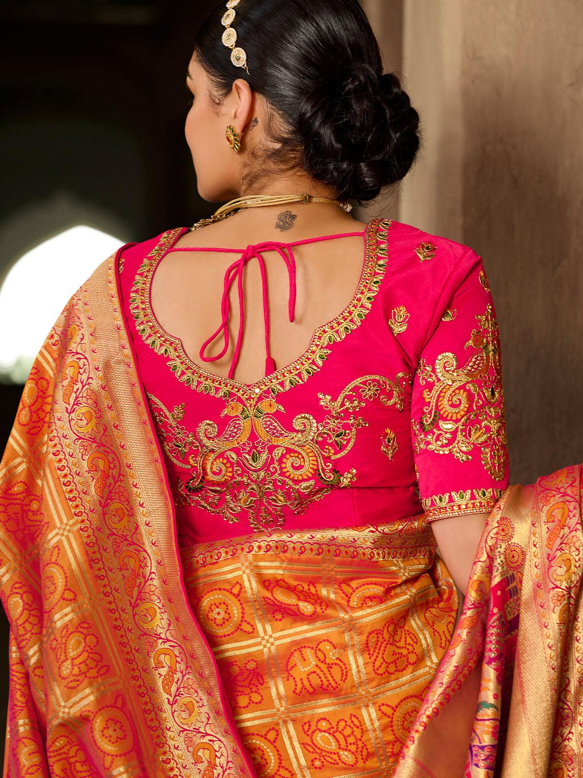 Women's Orange Silk Wevon Heavy Designer Embroidery Saree - Odette