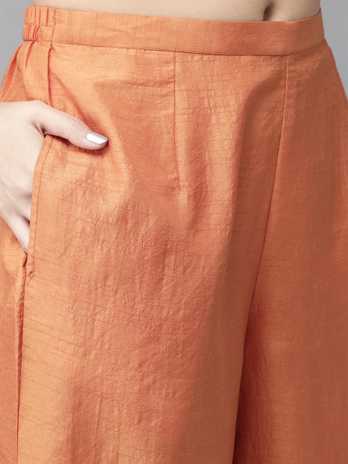 Women's Orange Solid Straight Kurta Palazzo With Dupatta Sets - Odette