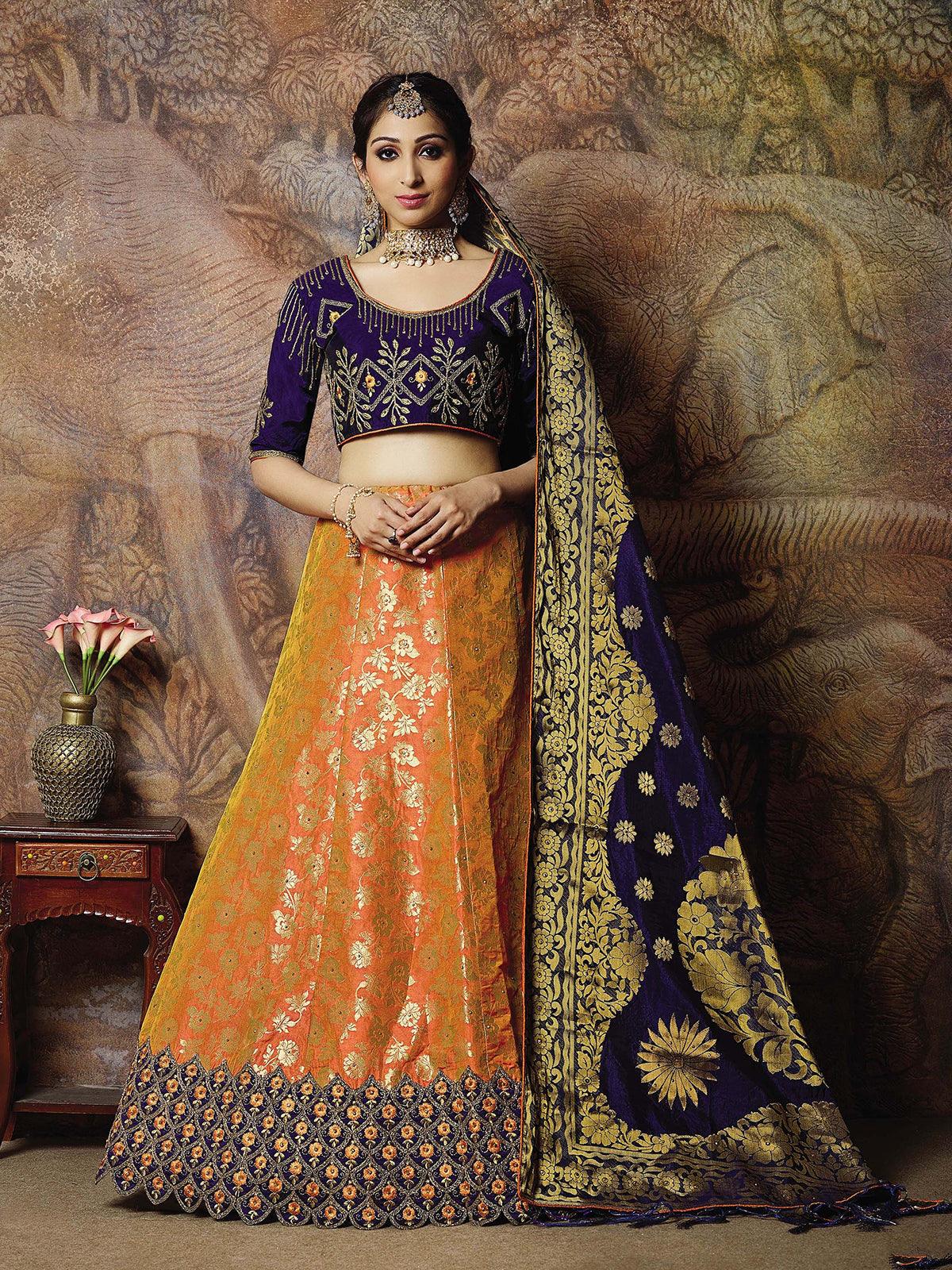 Women's Orange Weaved Jacquard Silk Designer Lehenga Choli - Odette