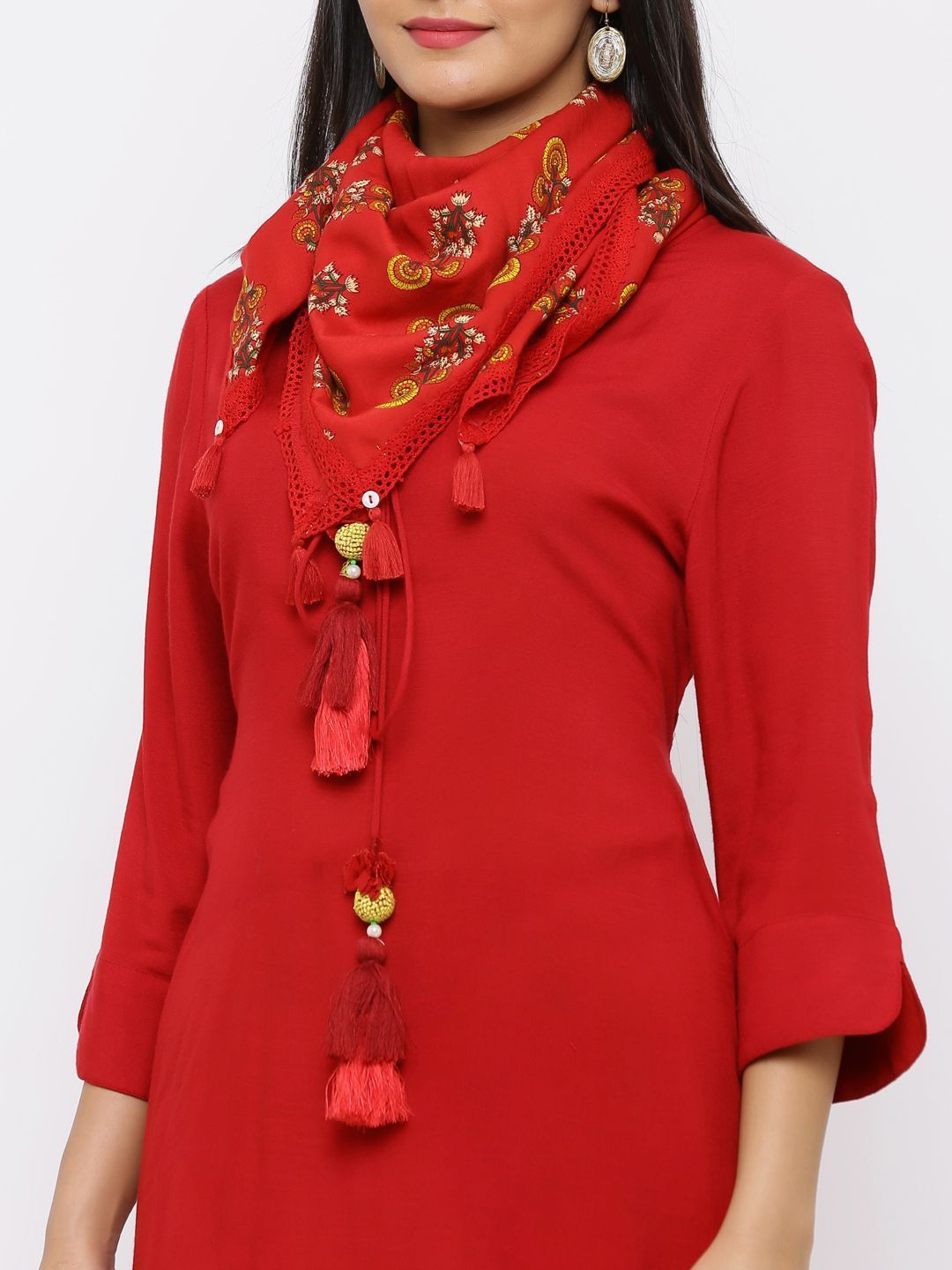 Women's Red Rayon Slub Solid Kurta With Printed Scarf - Juniper