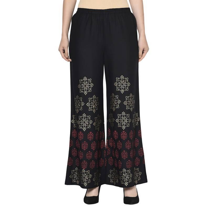 Women's Black Rayon Block Print Flared slip-on Palazzo